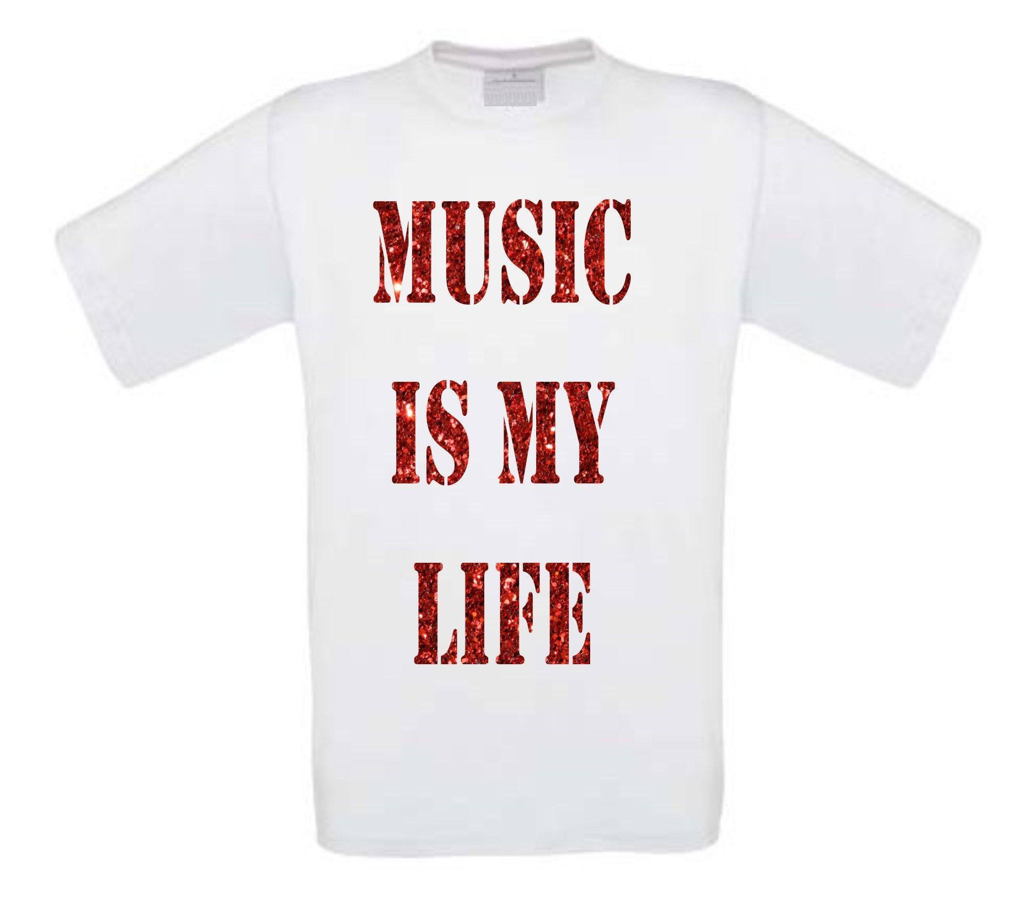 glitter rood music is my life t-shirt korte mouw