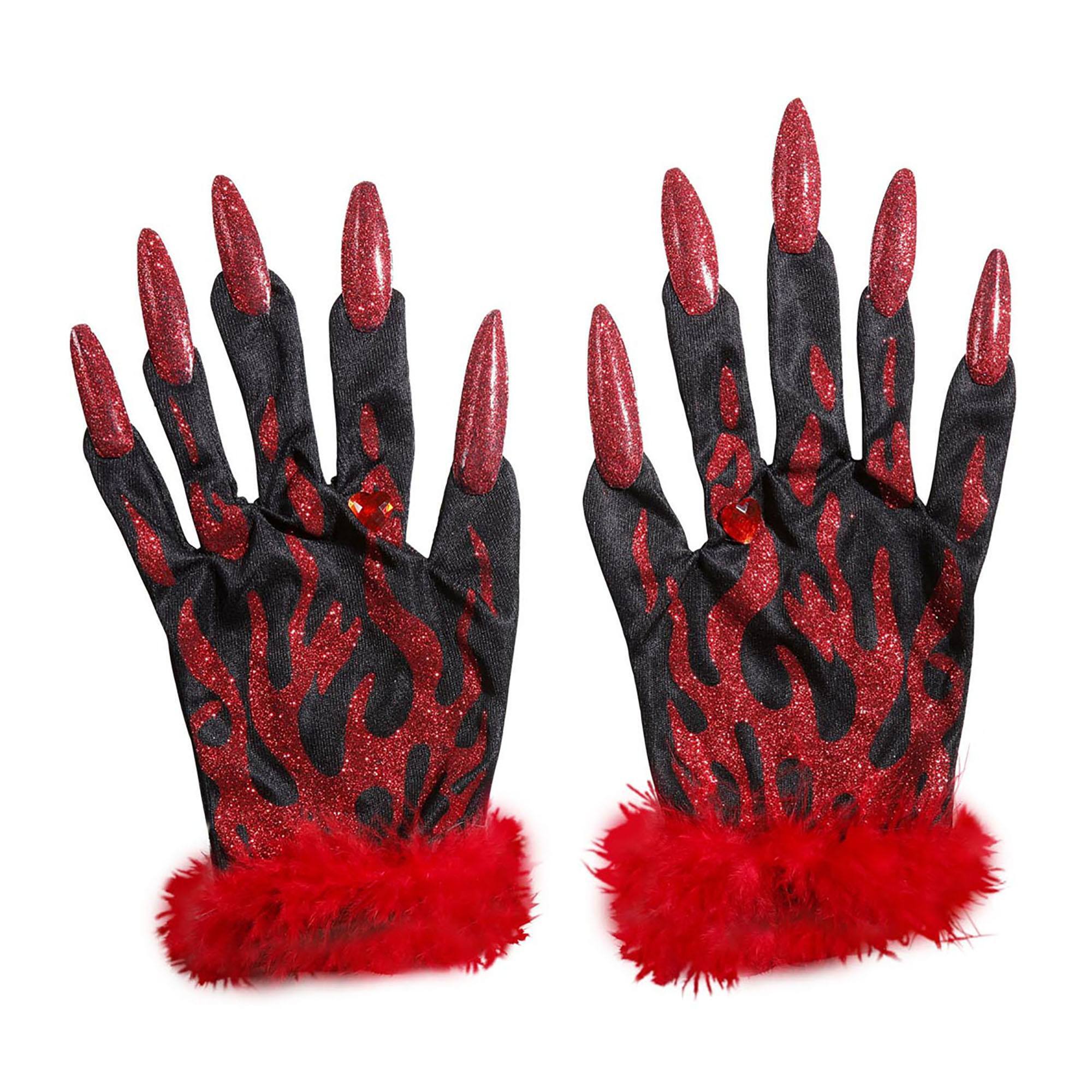 Handschoenen duivel met rode glitternagels