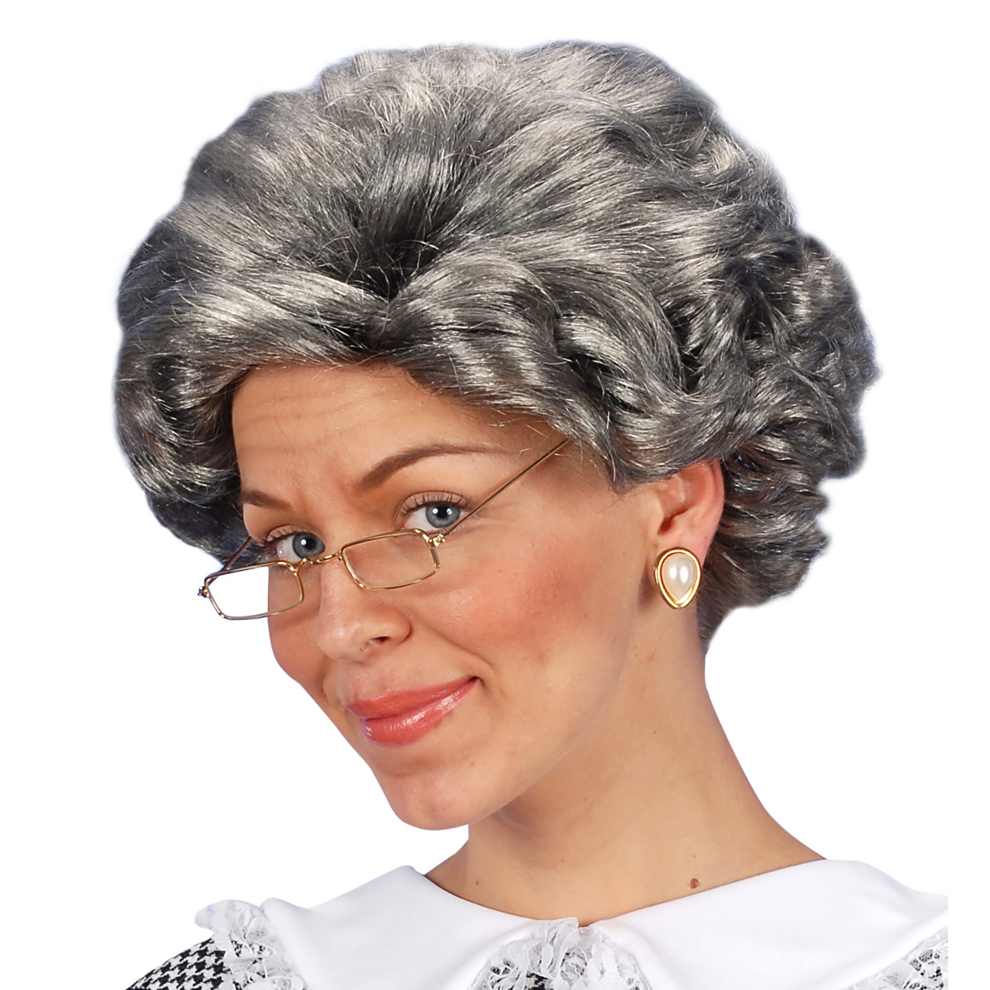 Grijze oma pruik  perfect gischikt voor een Sarah Verjaardag of themafeest