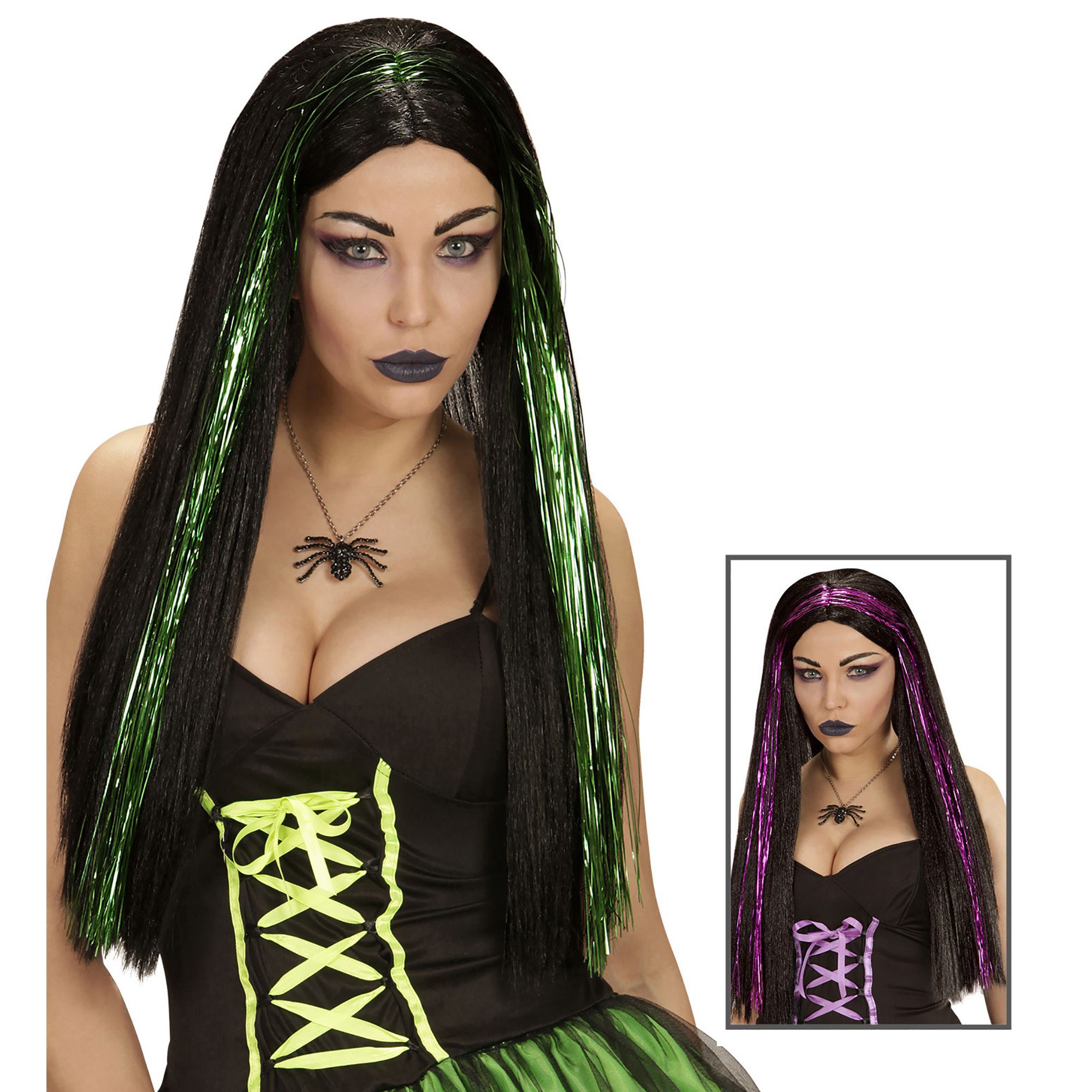 heksen pruik Kassandra lang zwart met groen