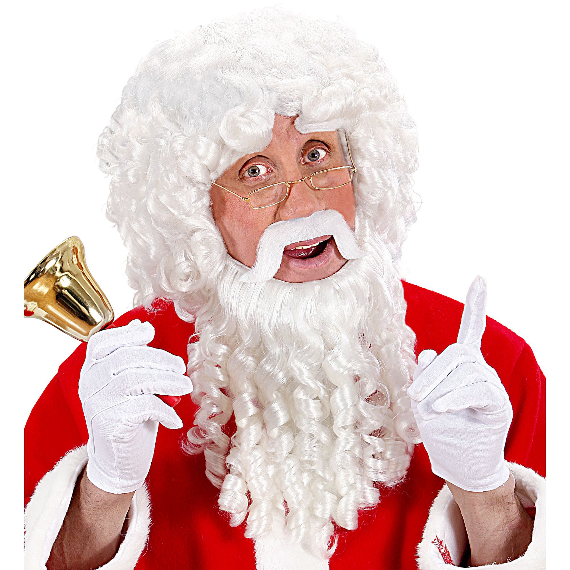 Kerstman pruik krullend wit  met baard snor en wenkbrouwen