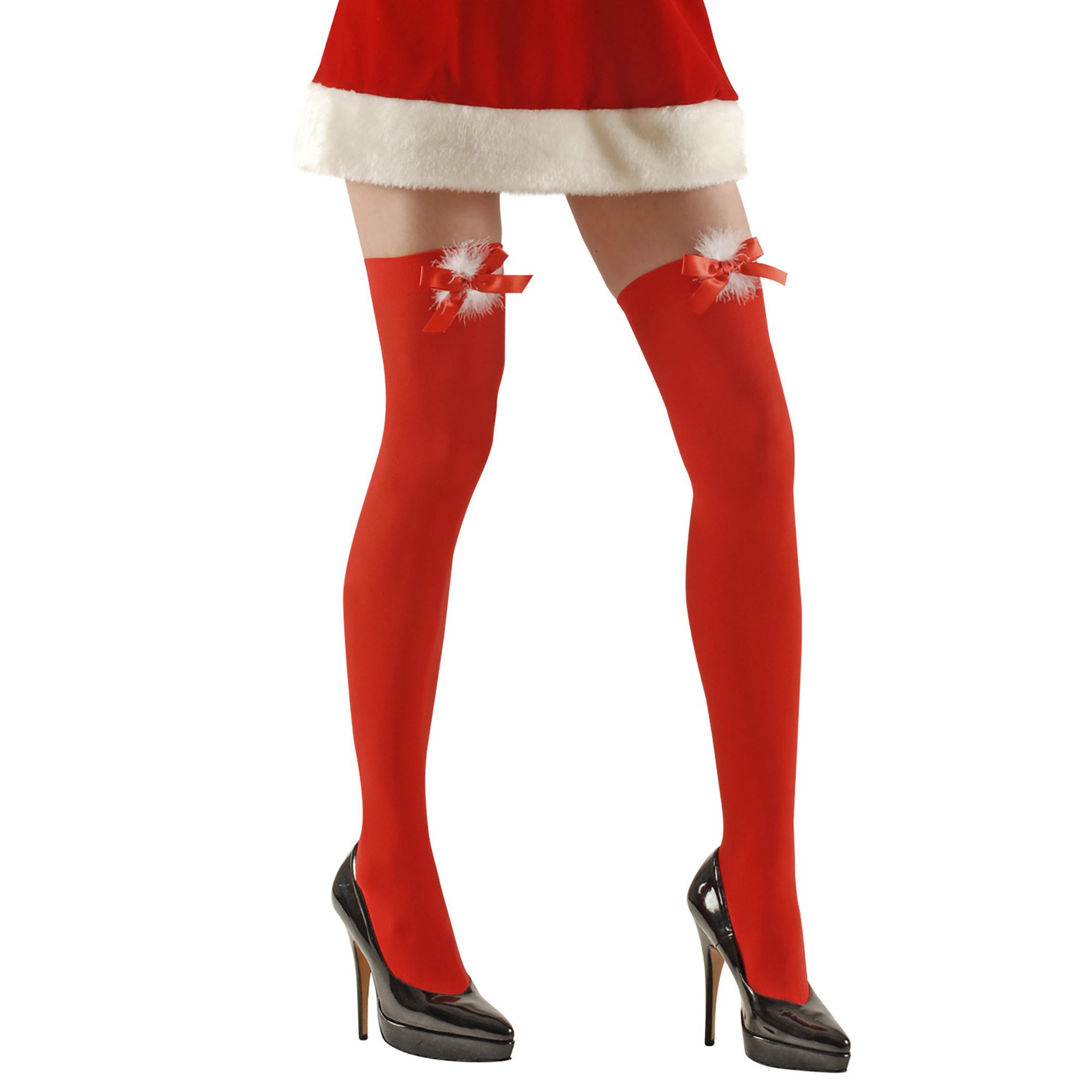Kerstvrouw miss santa rode hoge kousen met rode strik