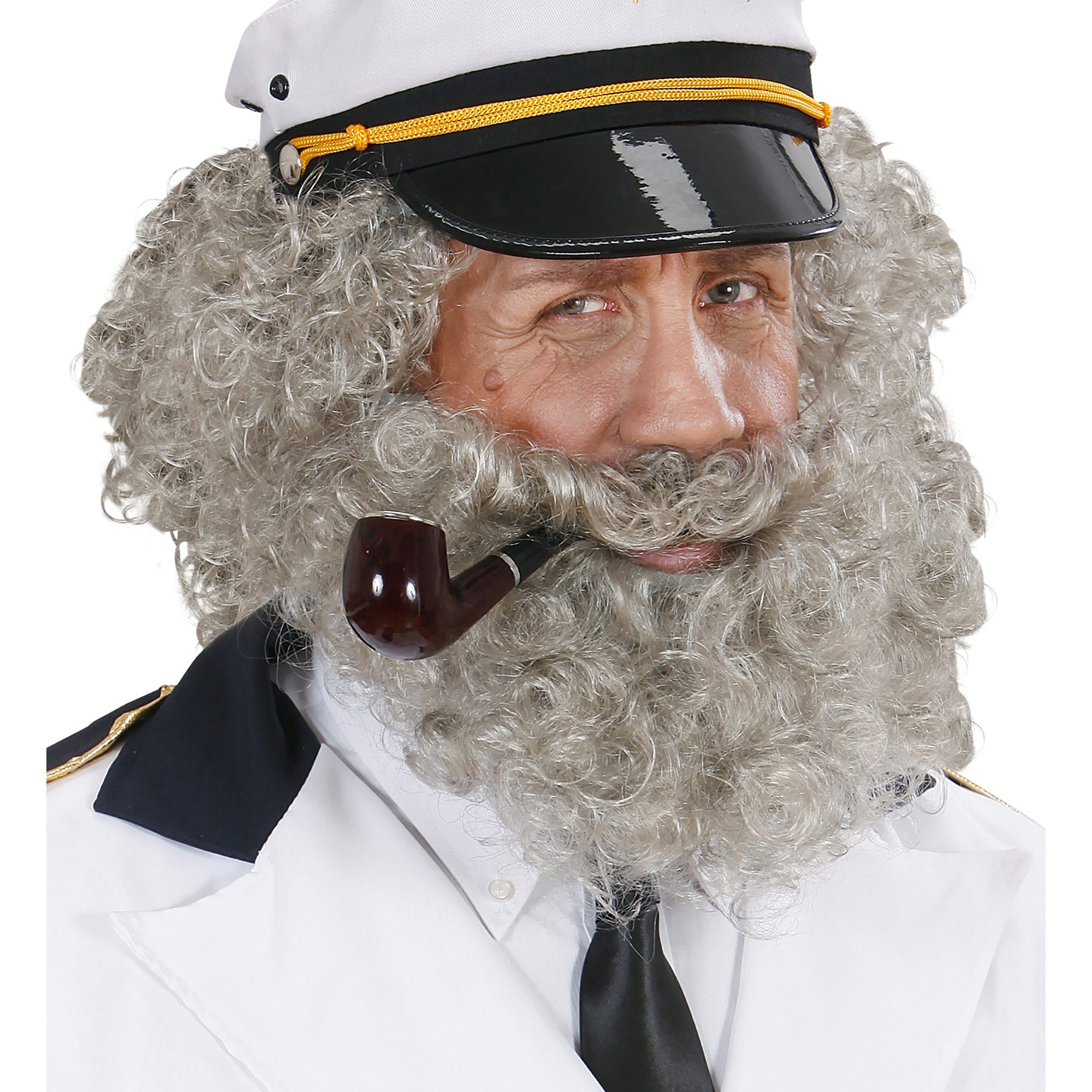 Pruik zeeman grijs krullen met baard kaptein van de ruige zee
