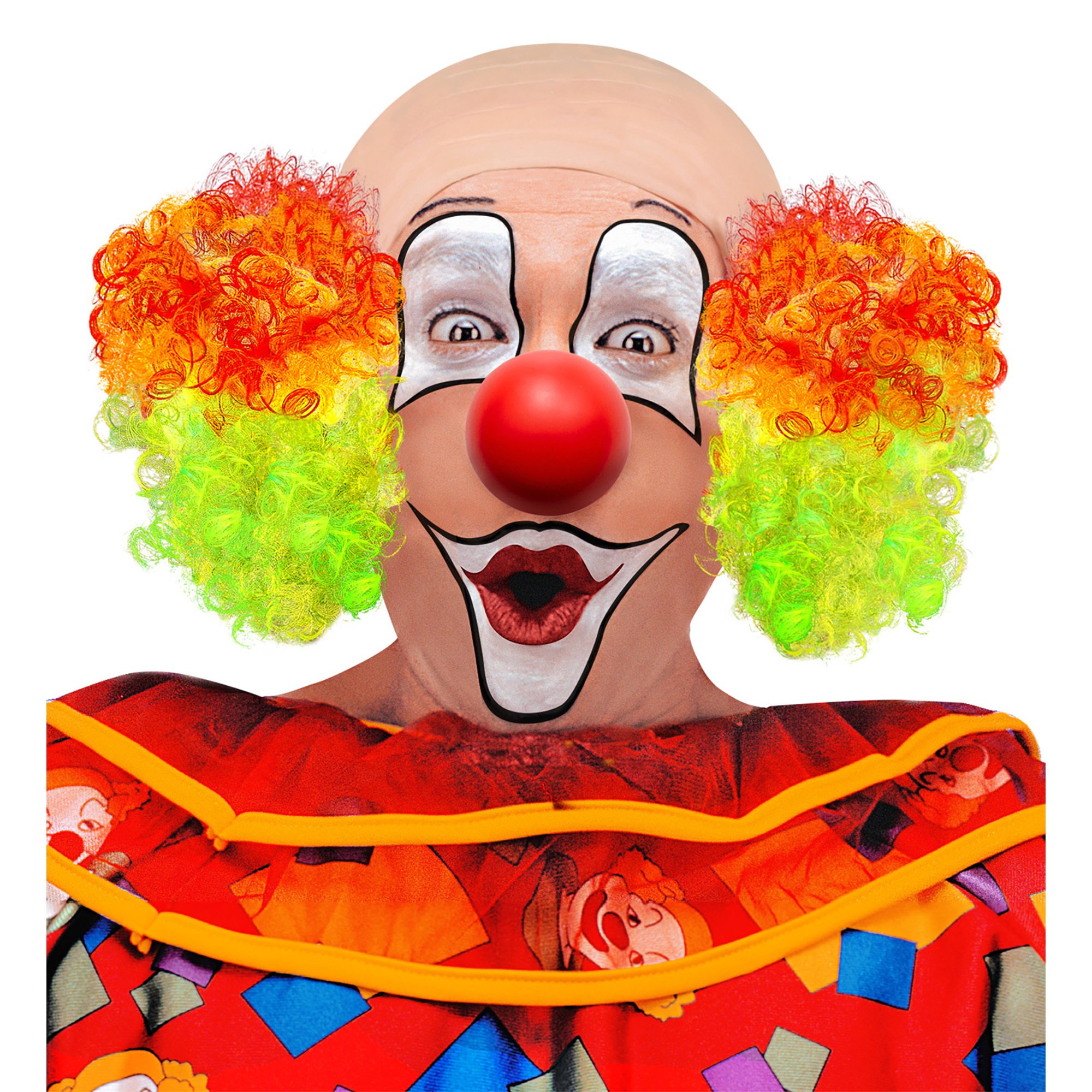 Kale kop clown met haar aan de zijkant in leuke fleurige kleurtjes