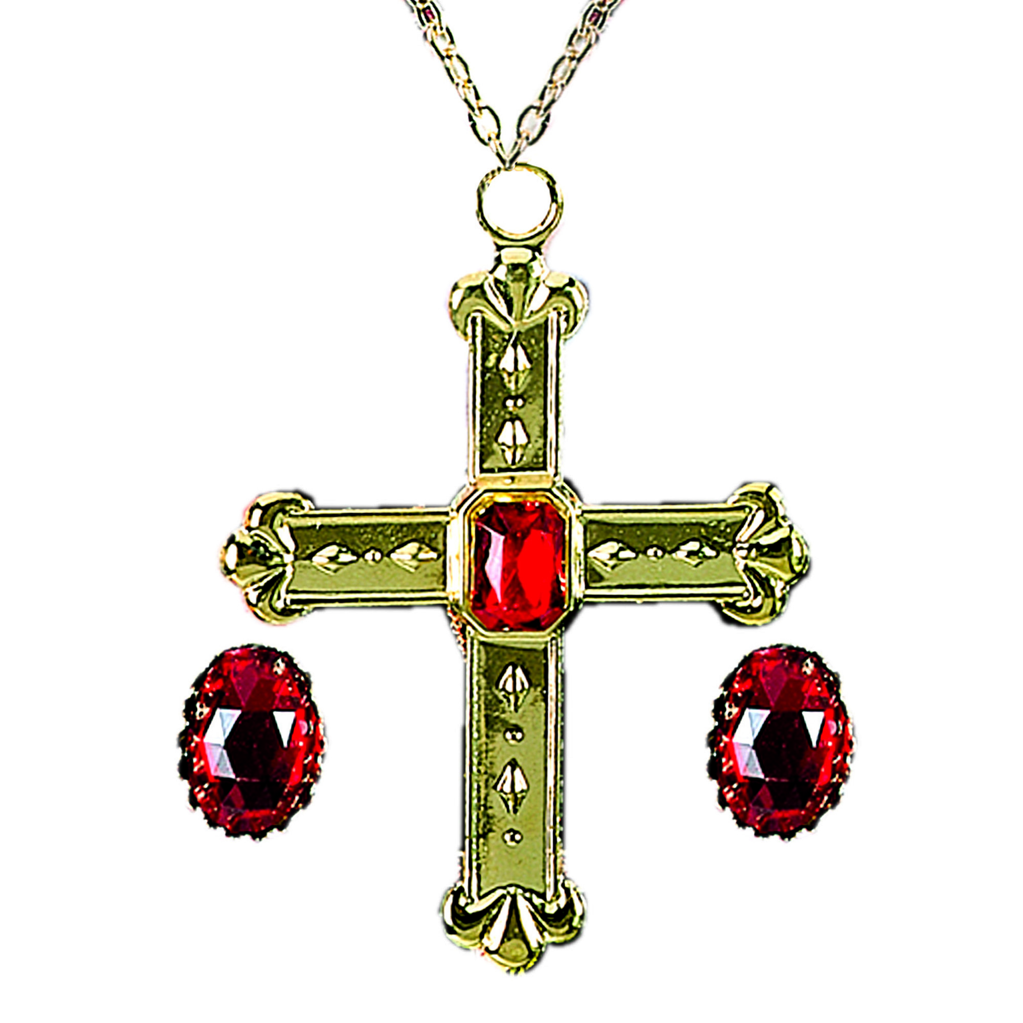 Kardinaal set twee ringen met rode steen en ketting met rode steen.