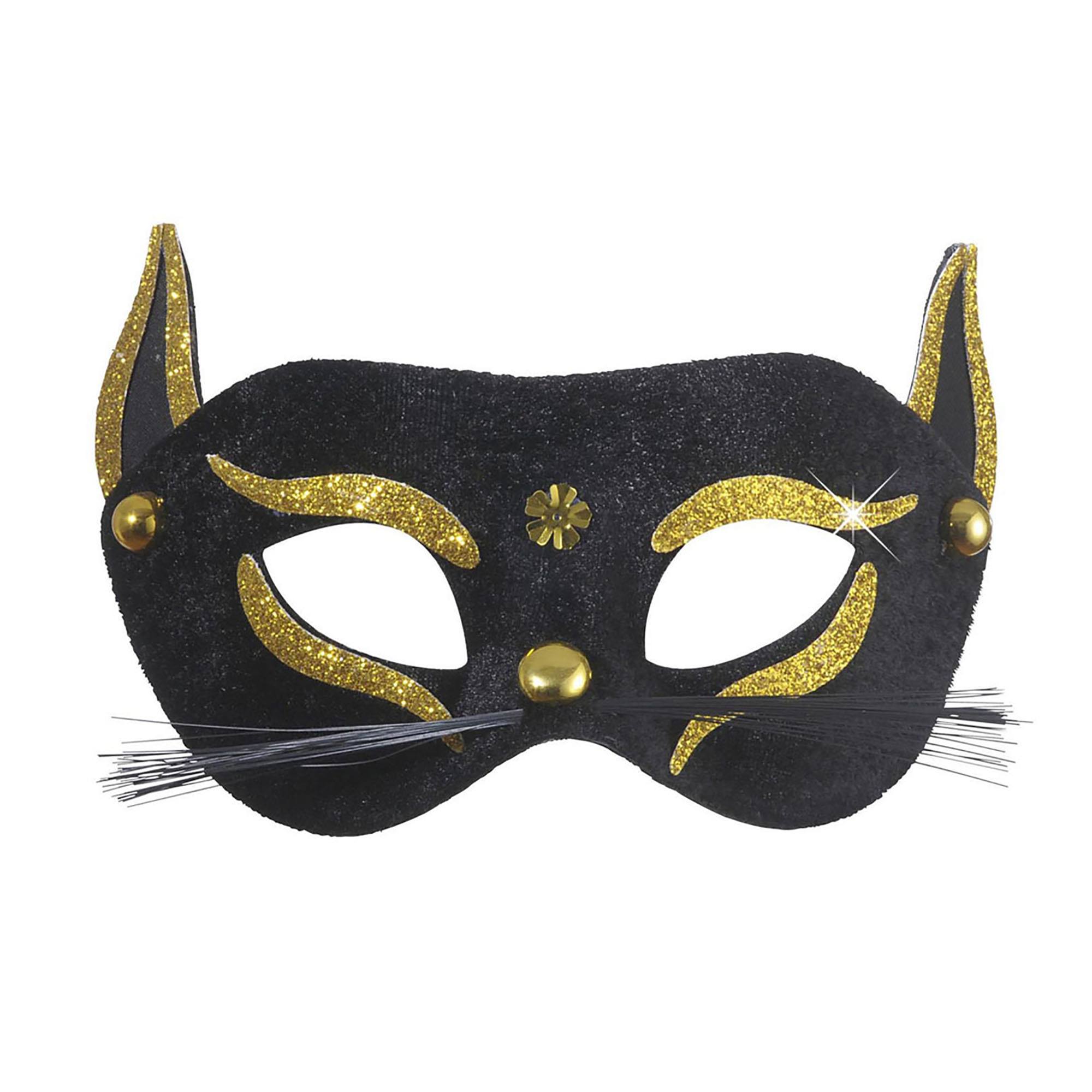 Oogmasker zwarte kat volwassen met goud glitter