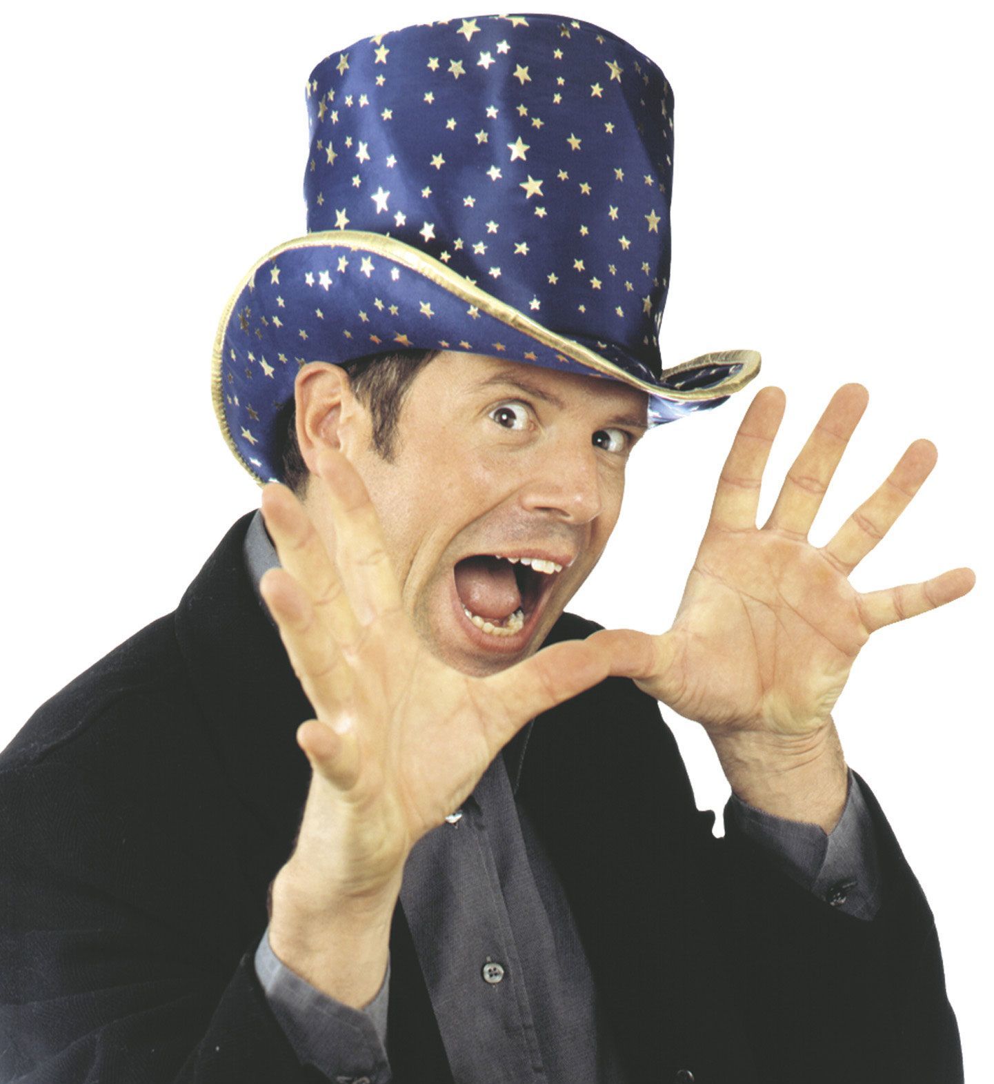 Stoffen blauw hoge hoed met goude sterren goochelaar