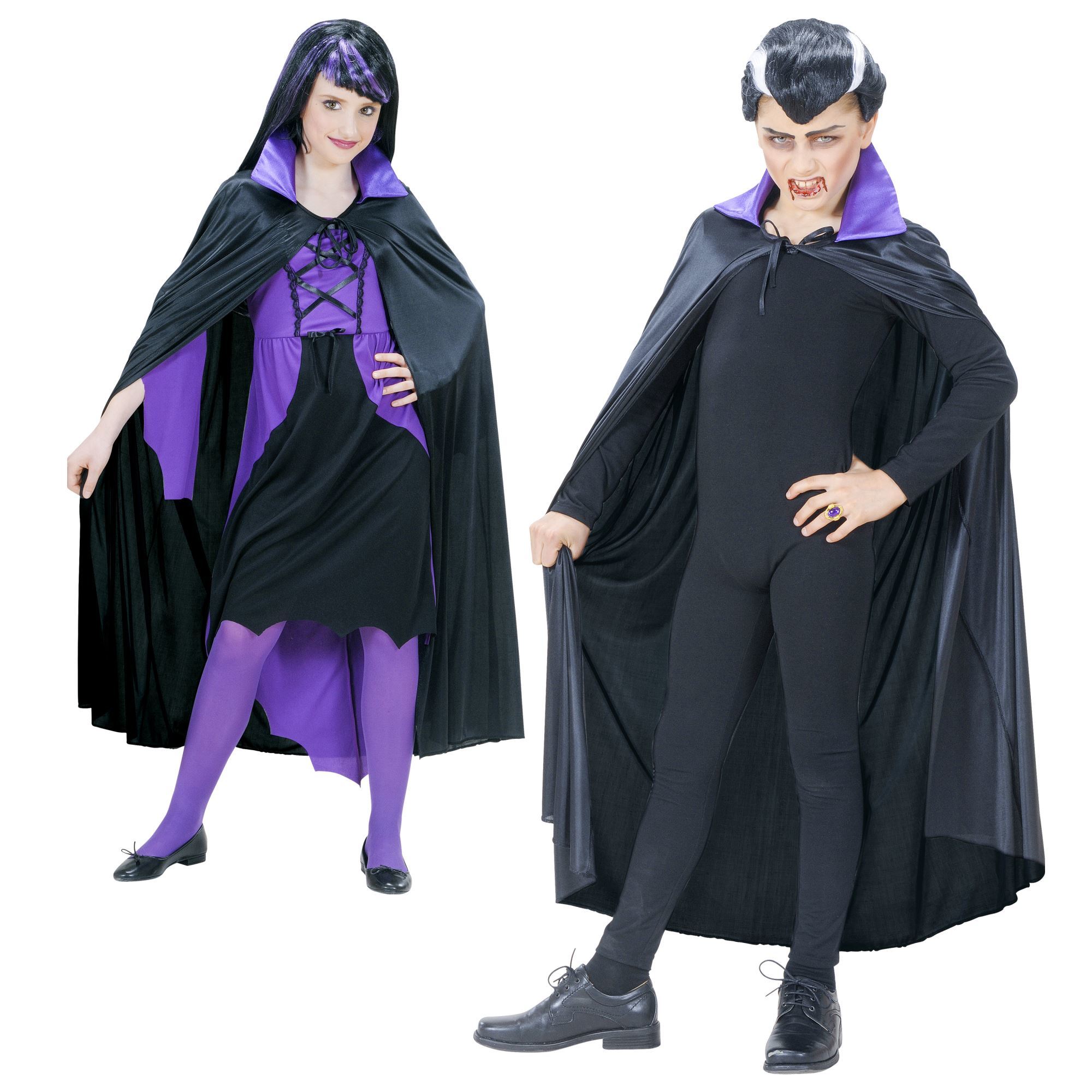 Halloween kinderkleding cape 110cm zwart met paarse kraag vampier