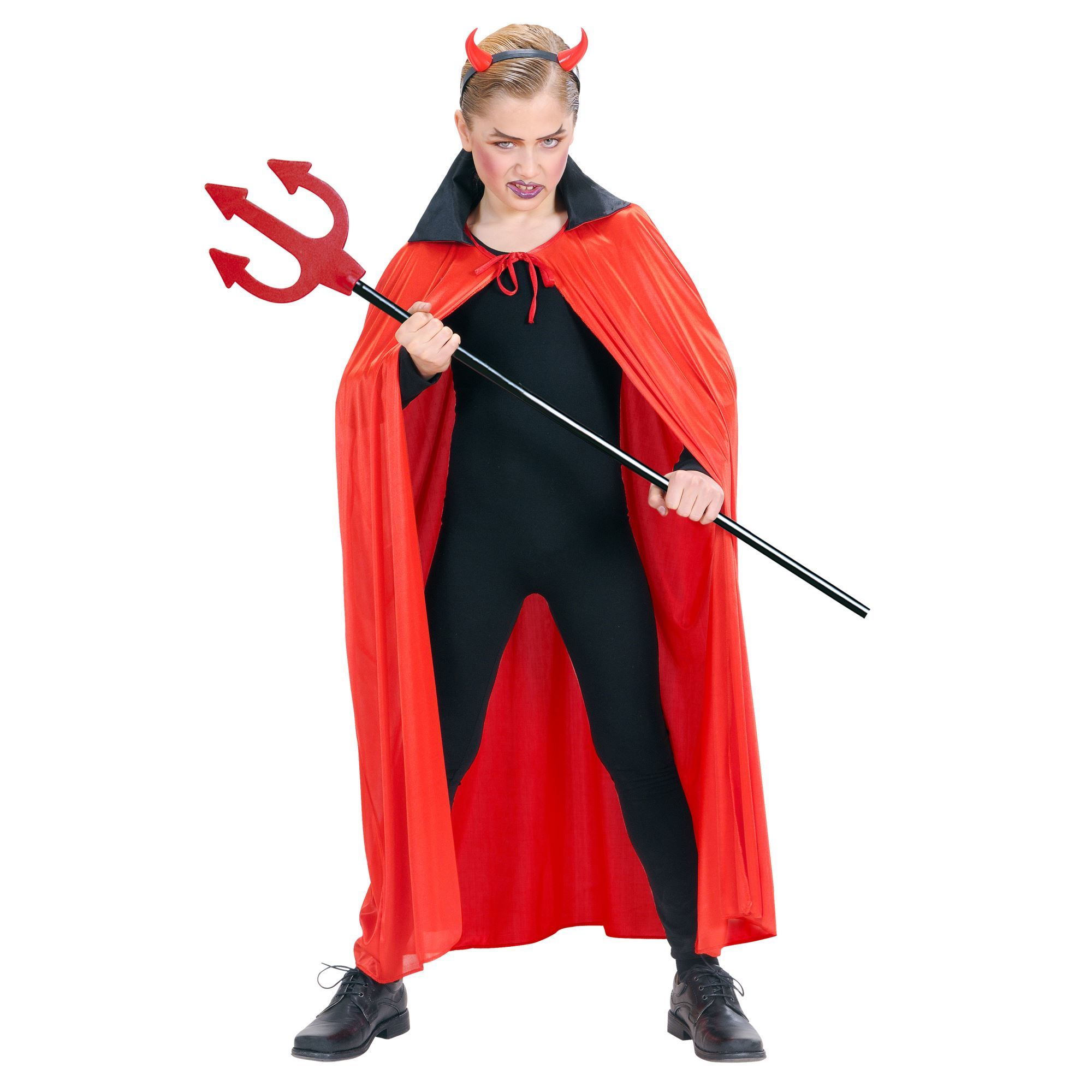 kinder cape rood met zwarte kraag 110cm satijn