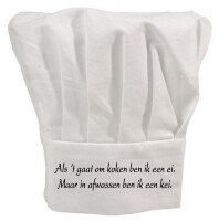Als het gaat om koken ben ik een ei. Maar in afwassen ben ik een kei koksmuts Als het gaat om koken ben ik een ei. Maar in afwassen ben ik een kei koksmuts