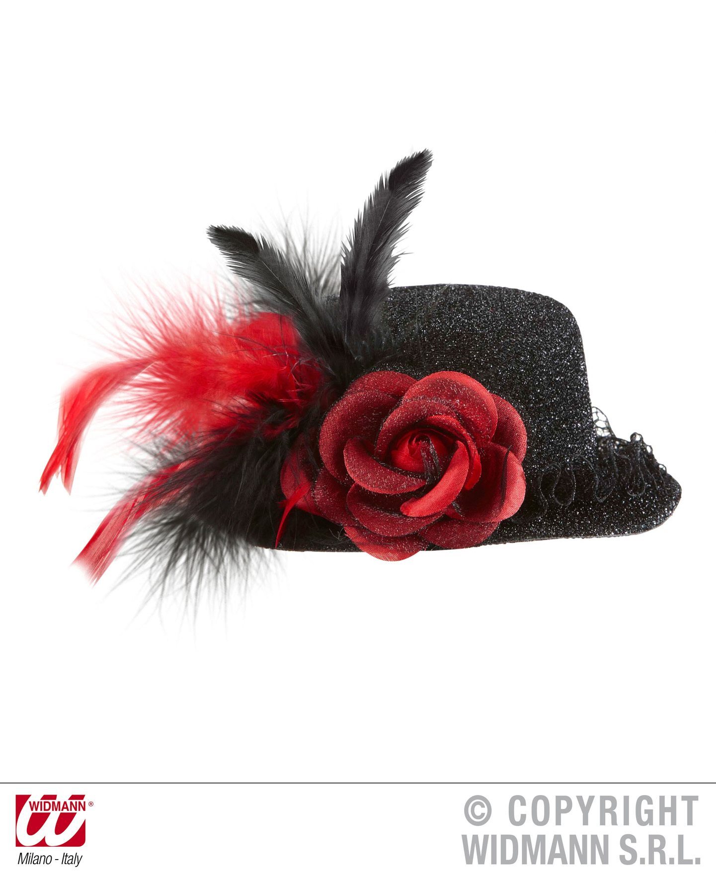 Mini hoge hoed zwart lurex met roos