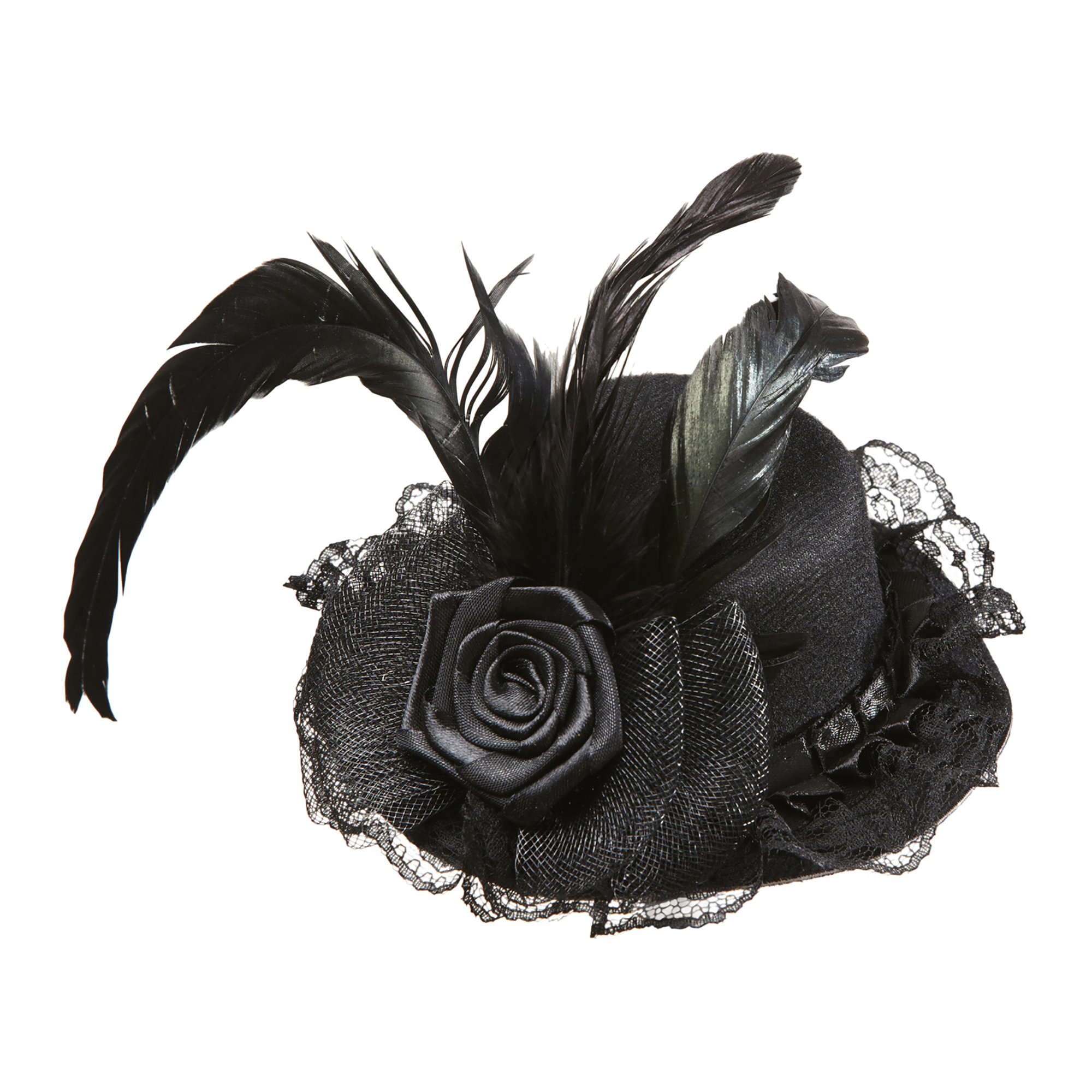 Minihogehoedje zwart met bloem en veren en tule