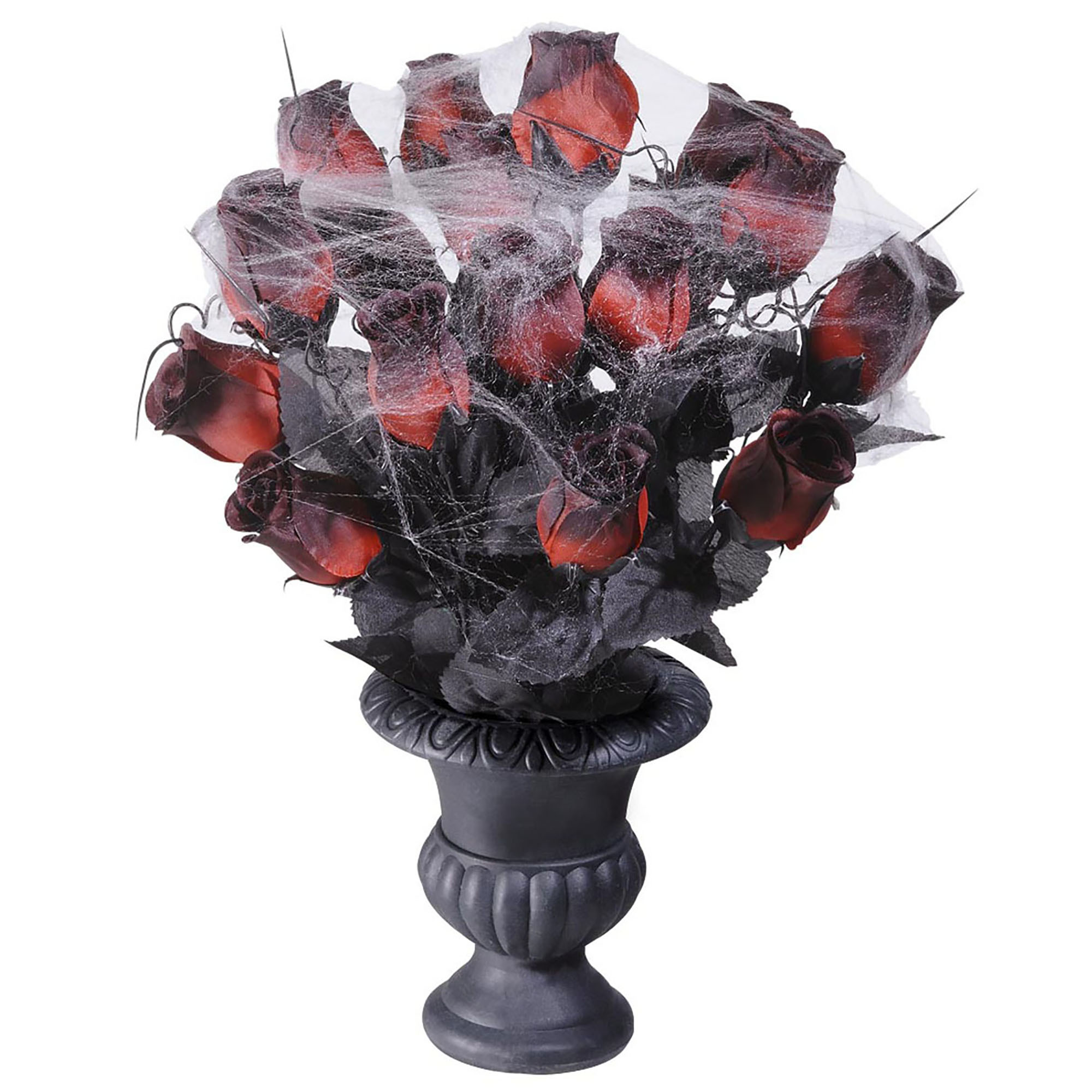 Vaas met 15 rode rozen en daaroverheen een spinneweb