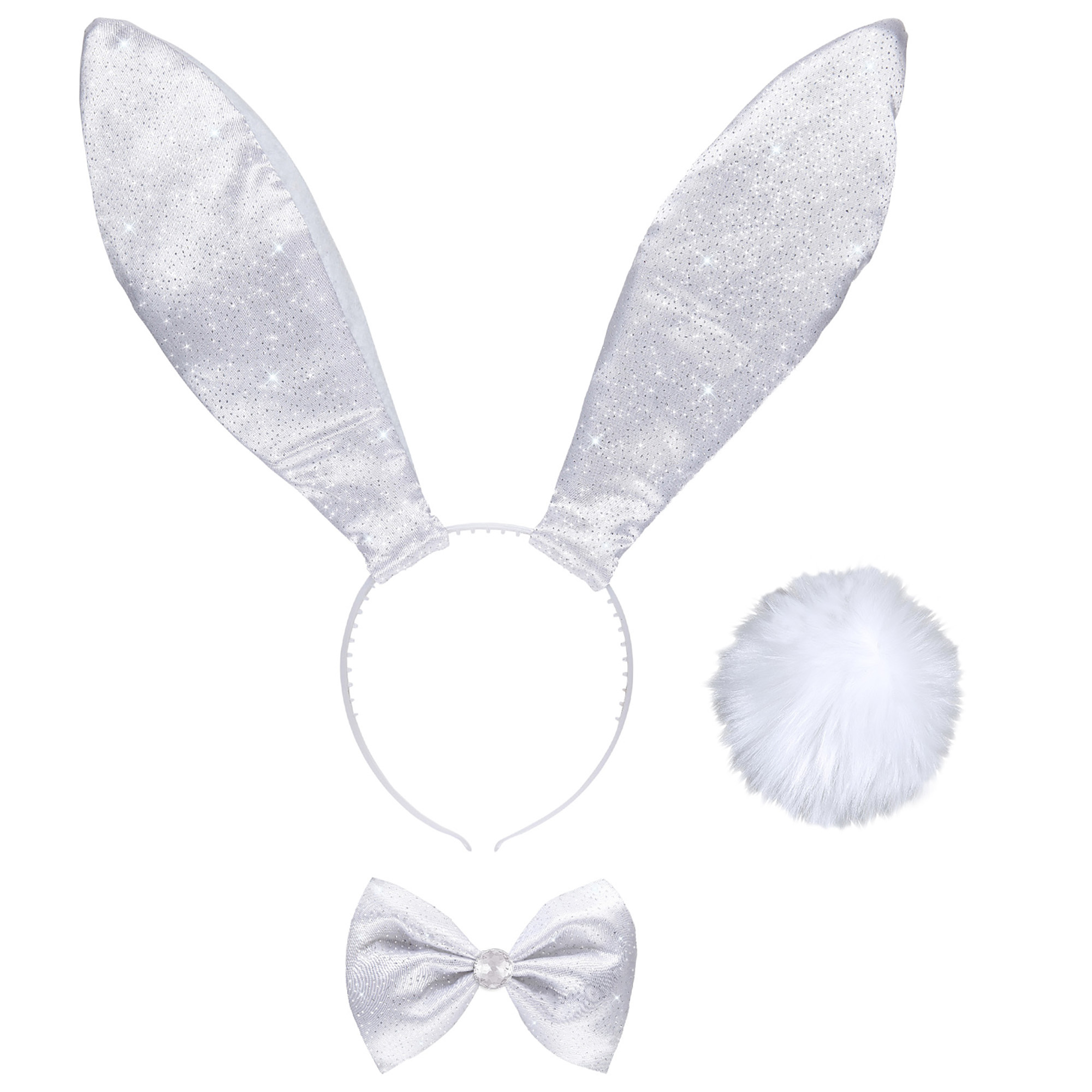 Konijnen set witte glitter oren vlinderstrik en staart voor een echte bunny