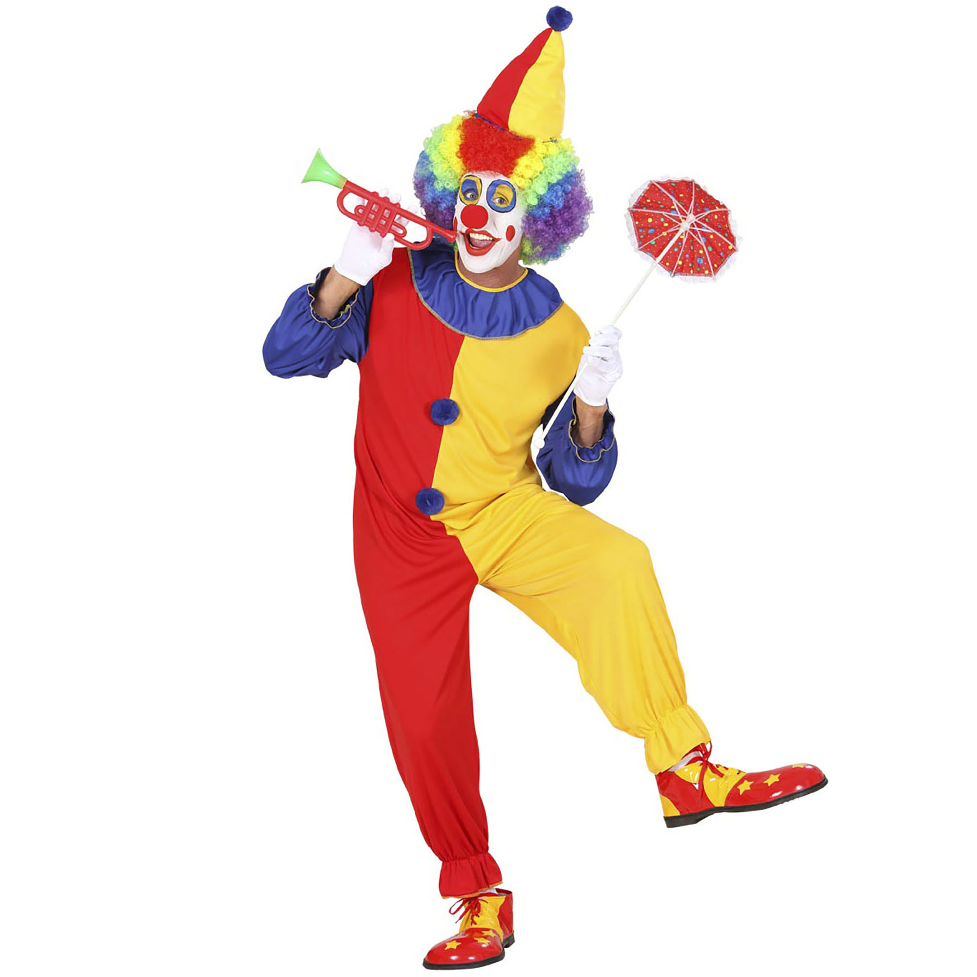 Clown volwassen jumpsuit en clownshoed