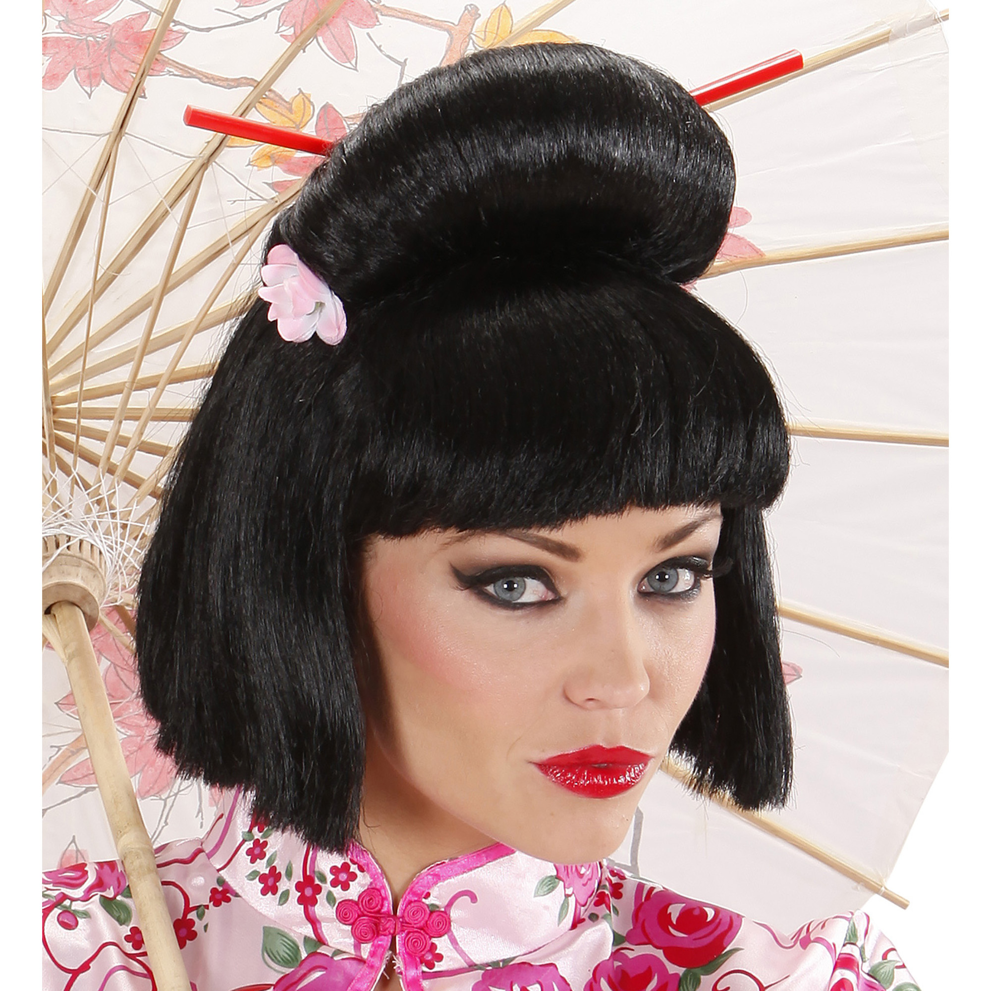 pruik geisha met bloem en chopsticks