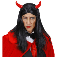 Zwarte dracula langharige pruik met rode duivelshoorns Zwarte dracula langharige pruik met rode duivelshoorns
