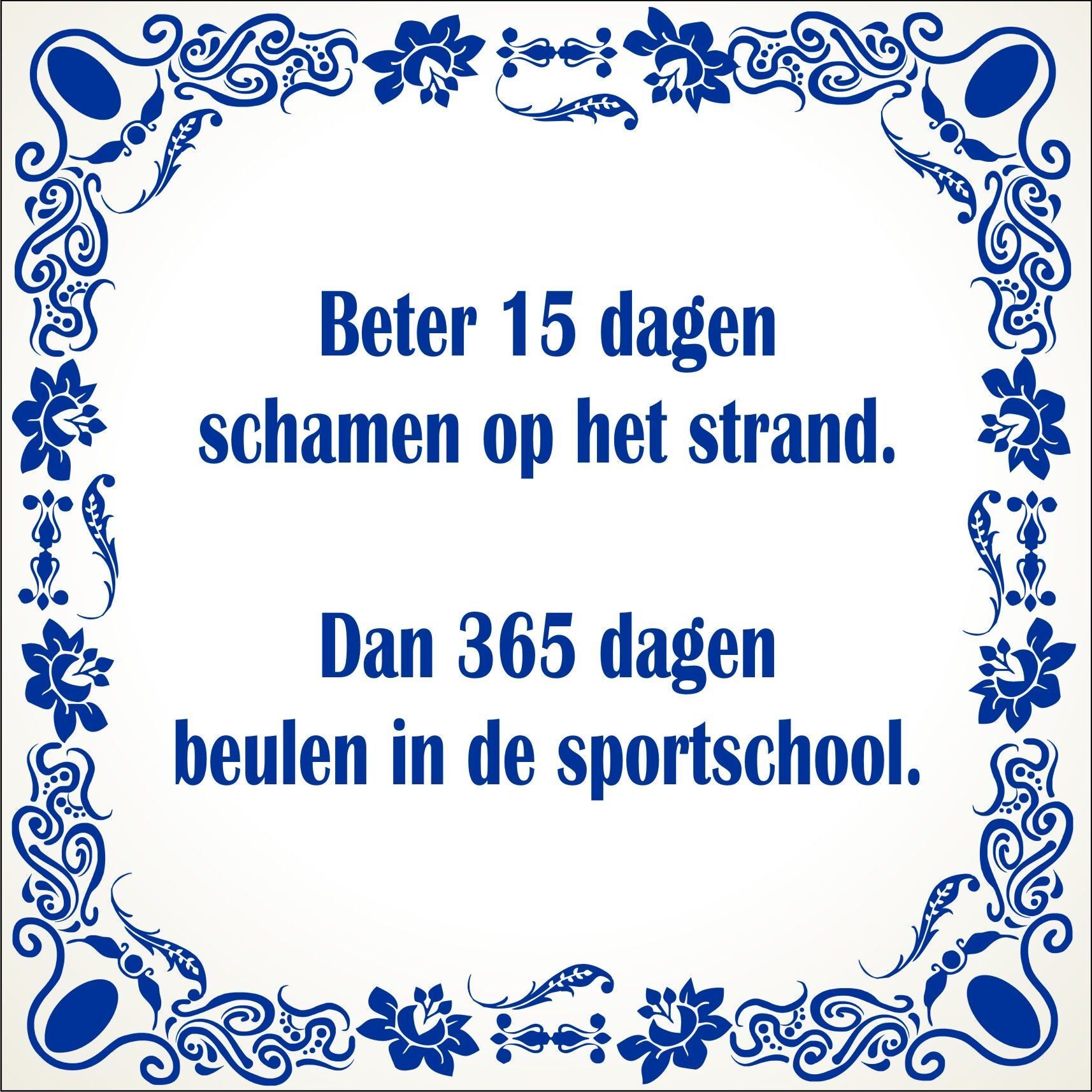 spreukentegel Beter 15 dagen schamen op het strand Dan 365 dagen beulen in de sportschool