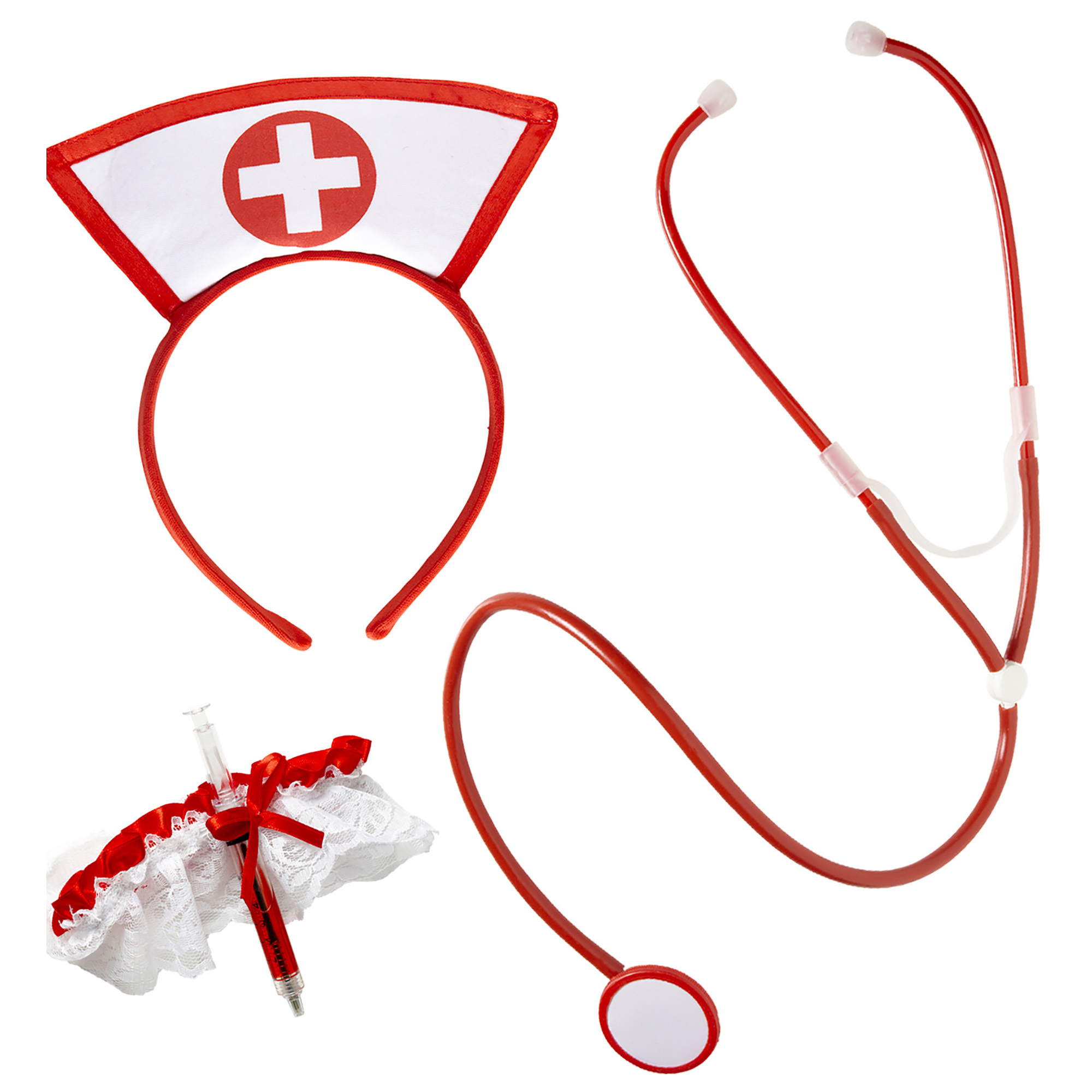 verpleegstersset hoofddeksel en kousenband met spuit en stethoscoop