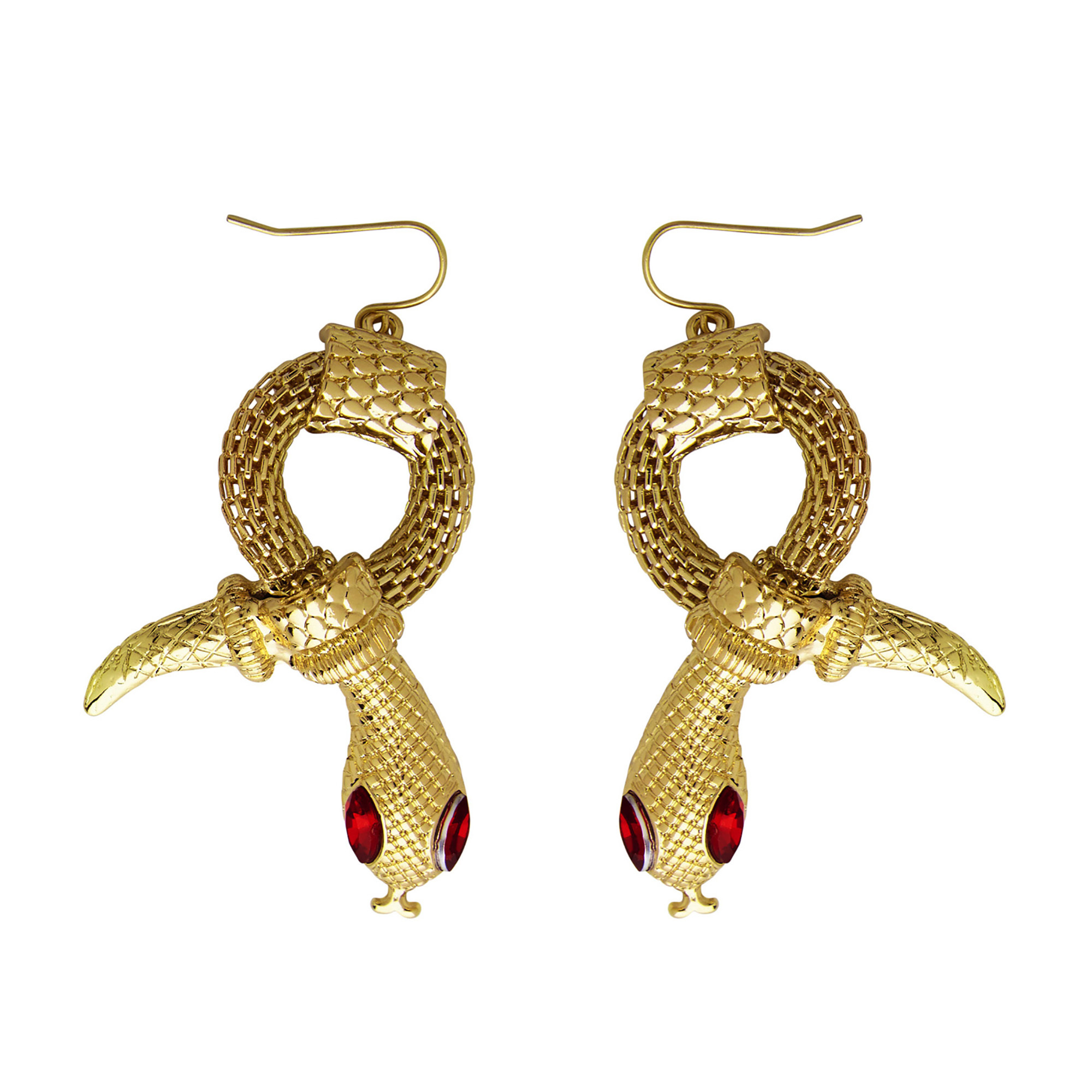 Egyptische oorbellen slang van goud met rode steen ogen