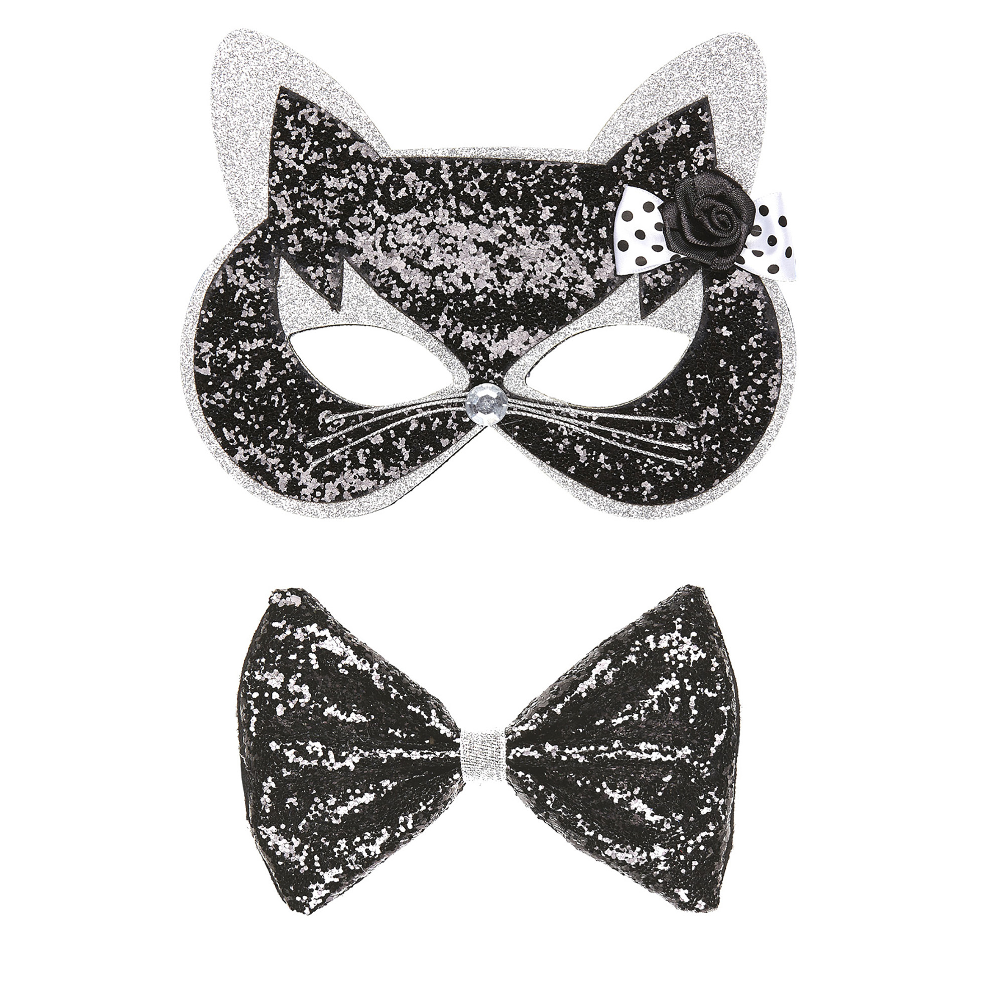 oogmasker kat met strikje zwart met zilver