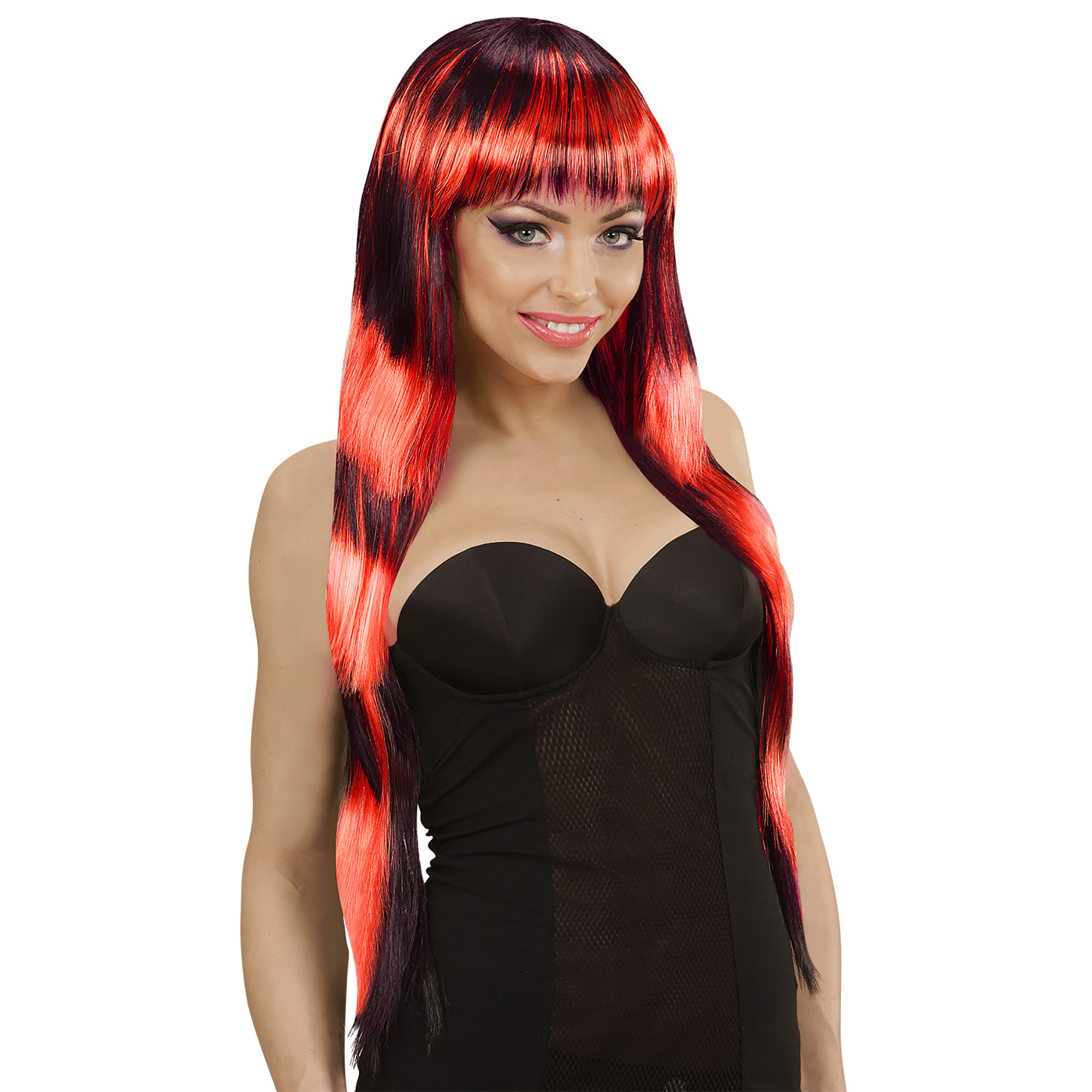Pruik fashion streaks zwart en rood lang haar