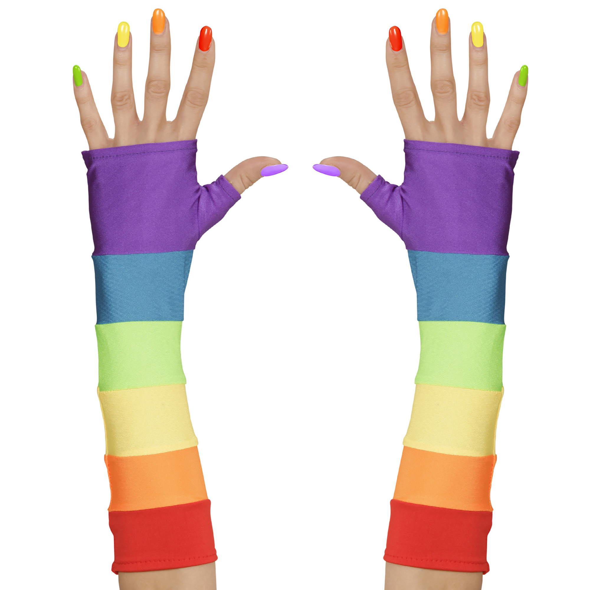 vingerloze handschoenen satijn, regenboog kleuren