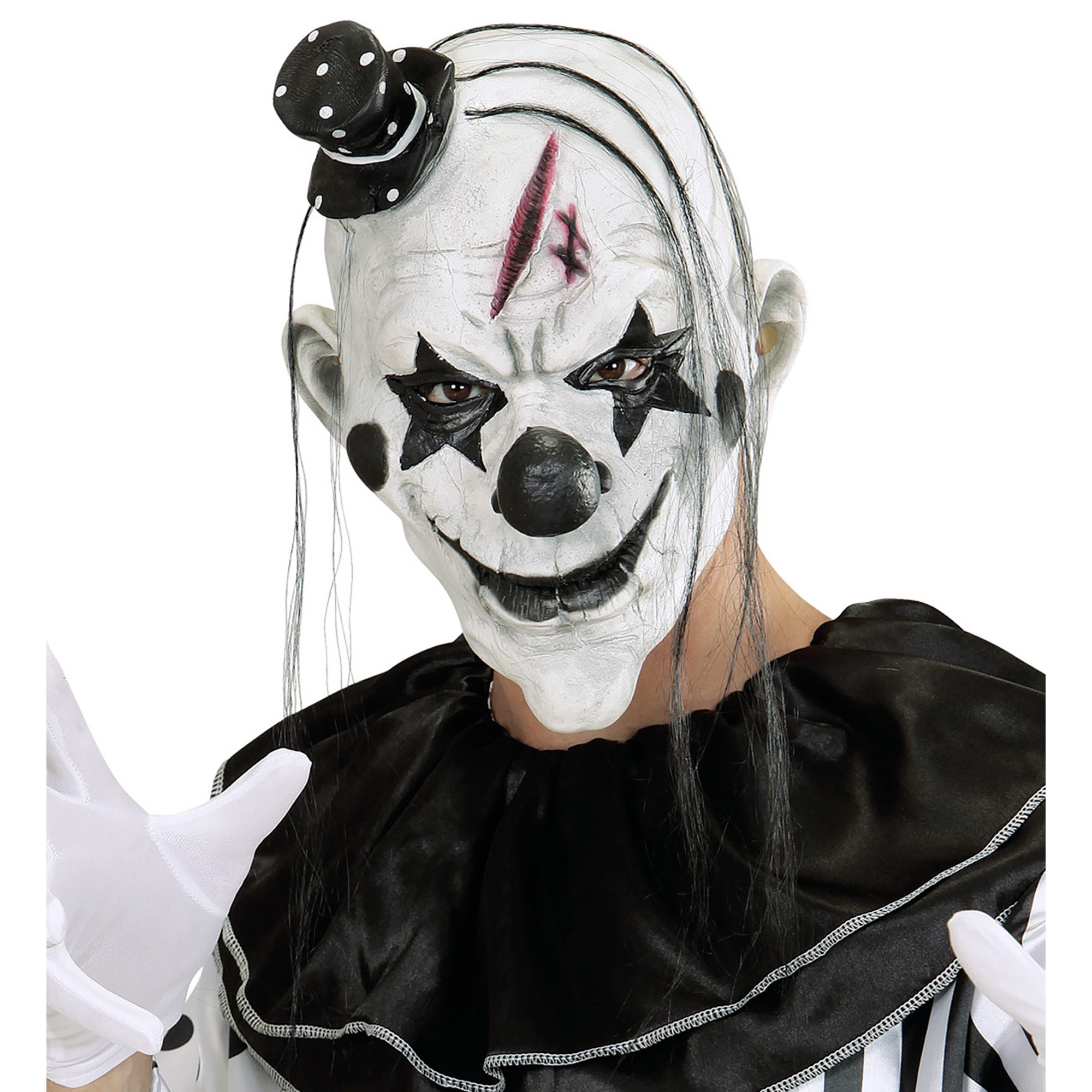 Wit zwart masker killer clown met haar en minihoed