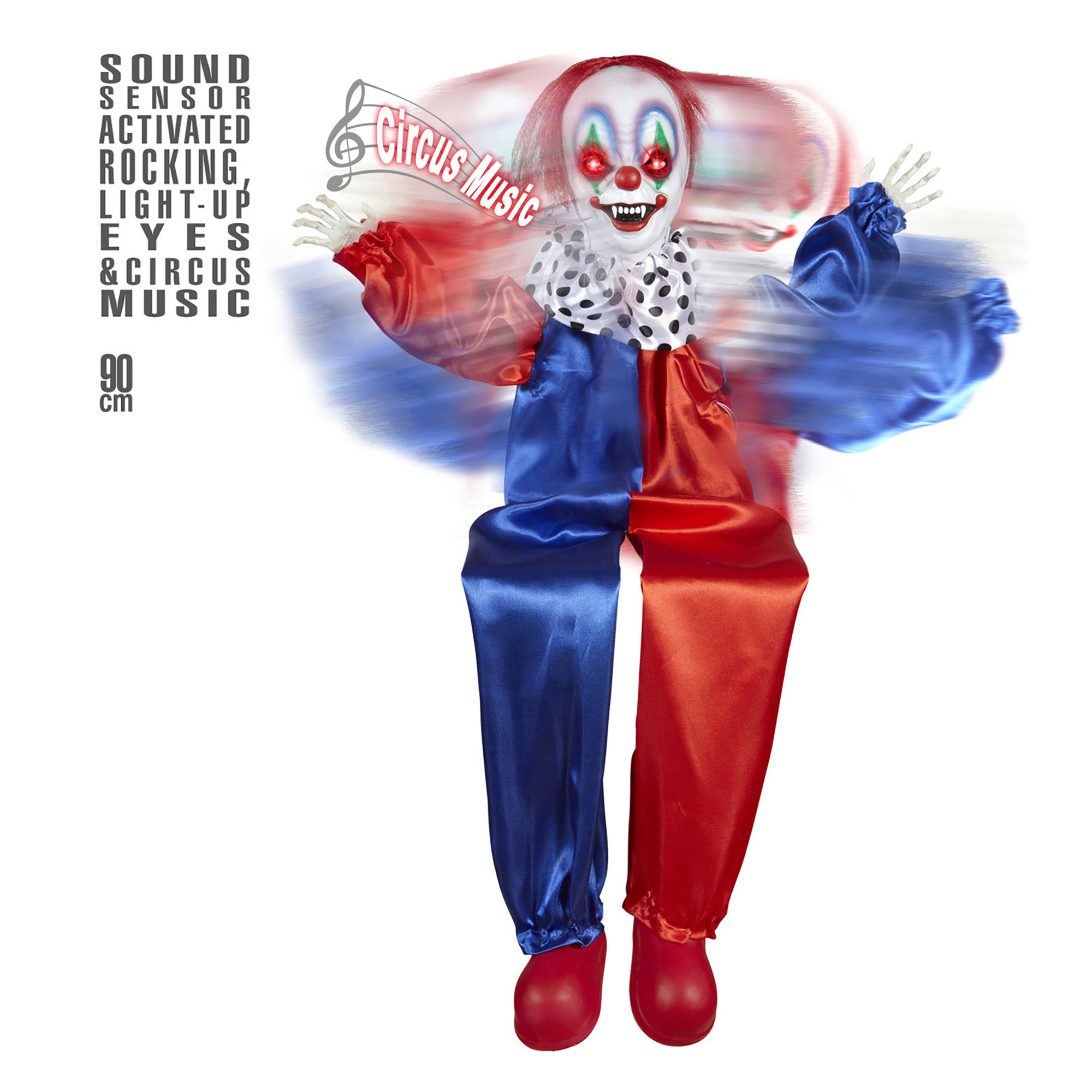 animatie killer clown met lichtgevende ogen en geluid 90cm