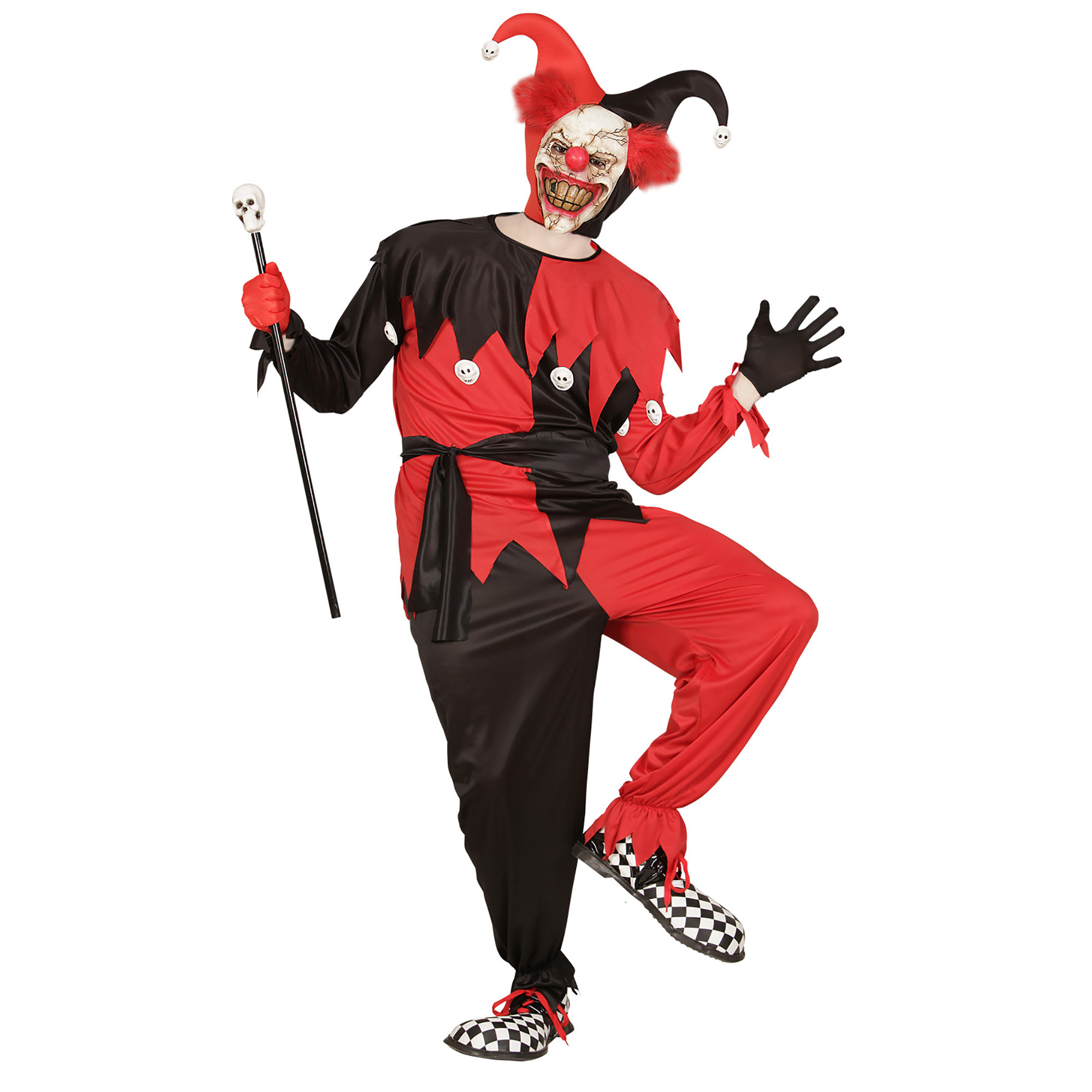 Evil jester zwart met rood heren kostuum