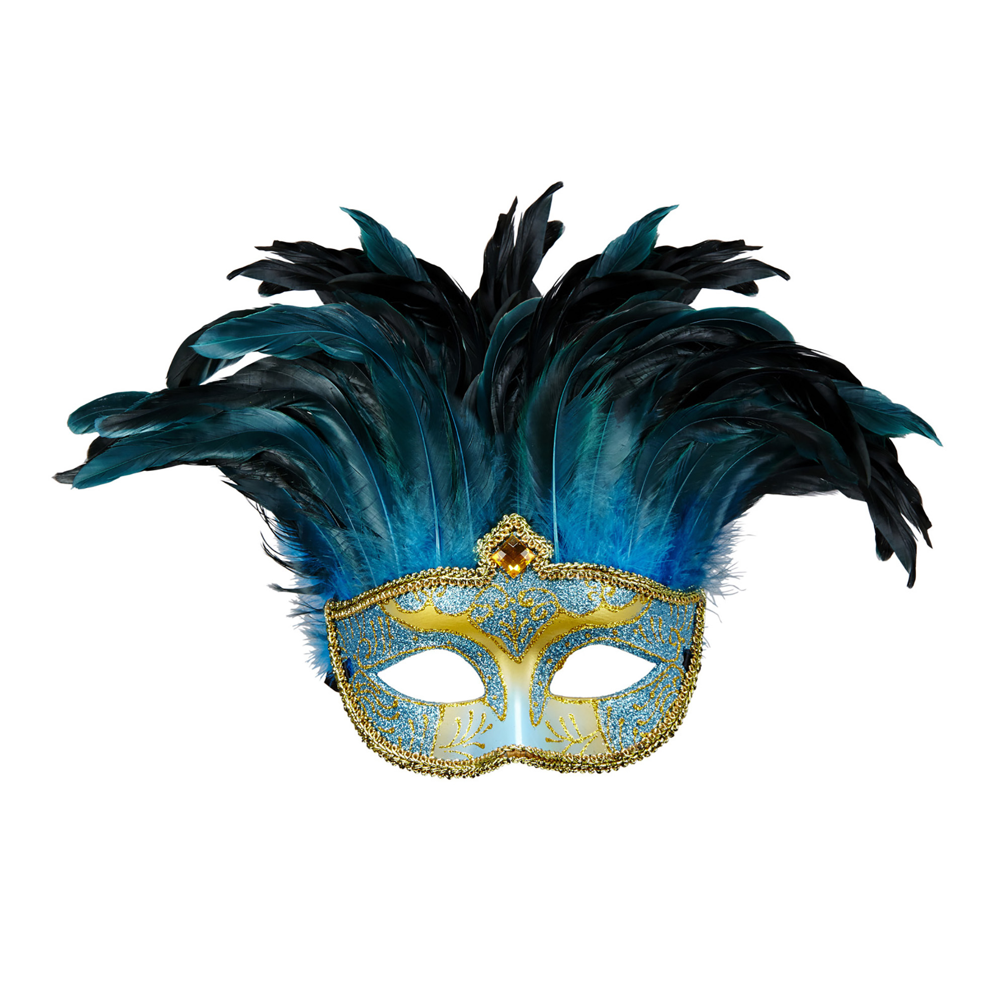 masker countess met glitters en veren, blauw