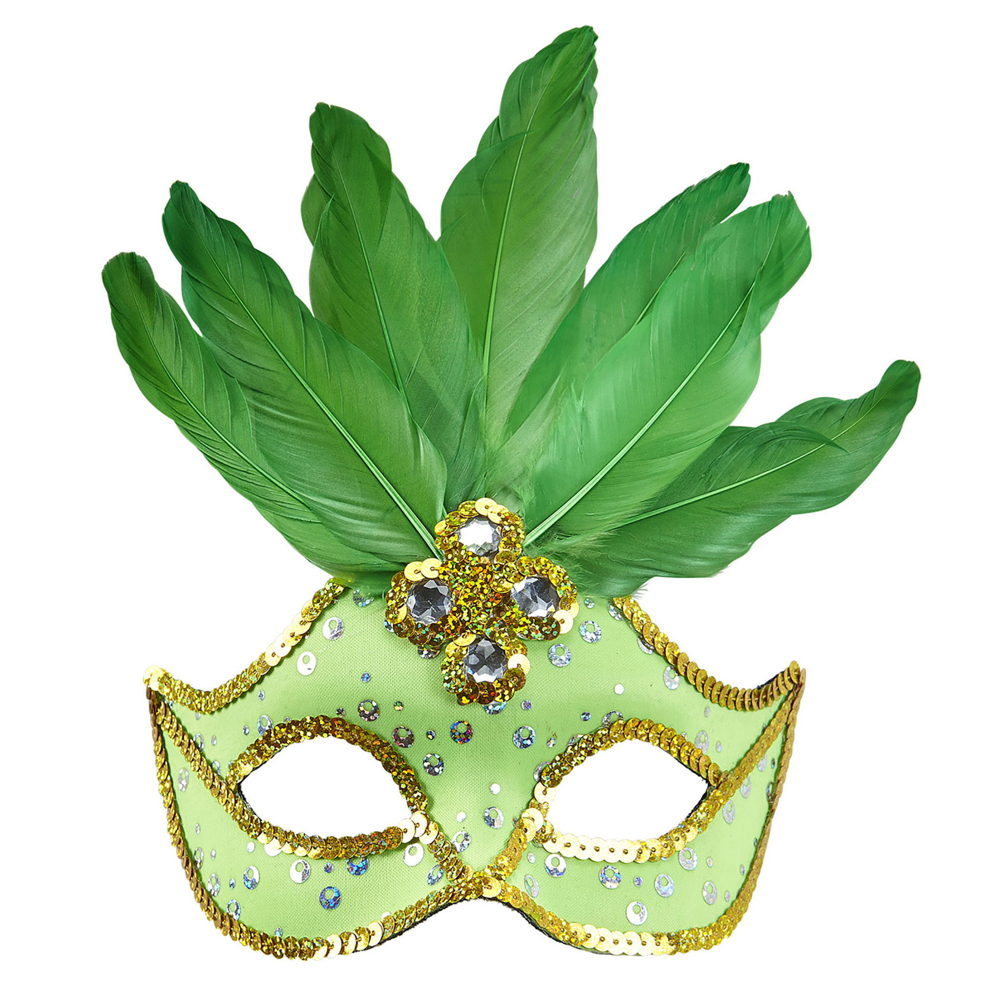 oogmasker brazilie met veren en parels, neon licht groen