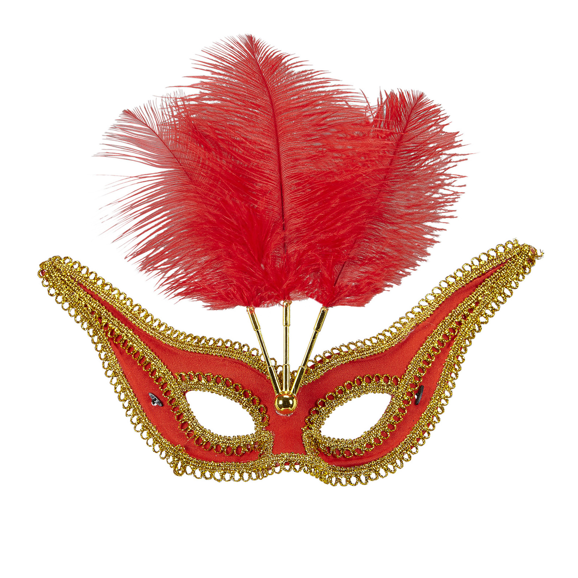 oogmasker rood met goud en veren