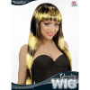 foto 2 pruik, fashion streaks zwart met geel met groen lang haar