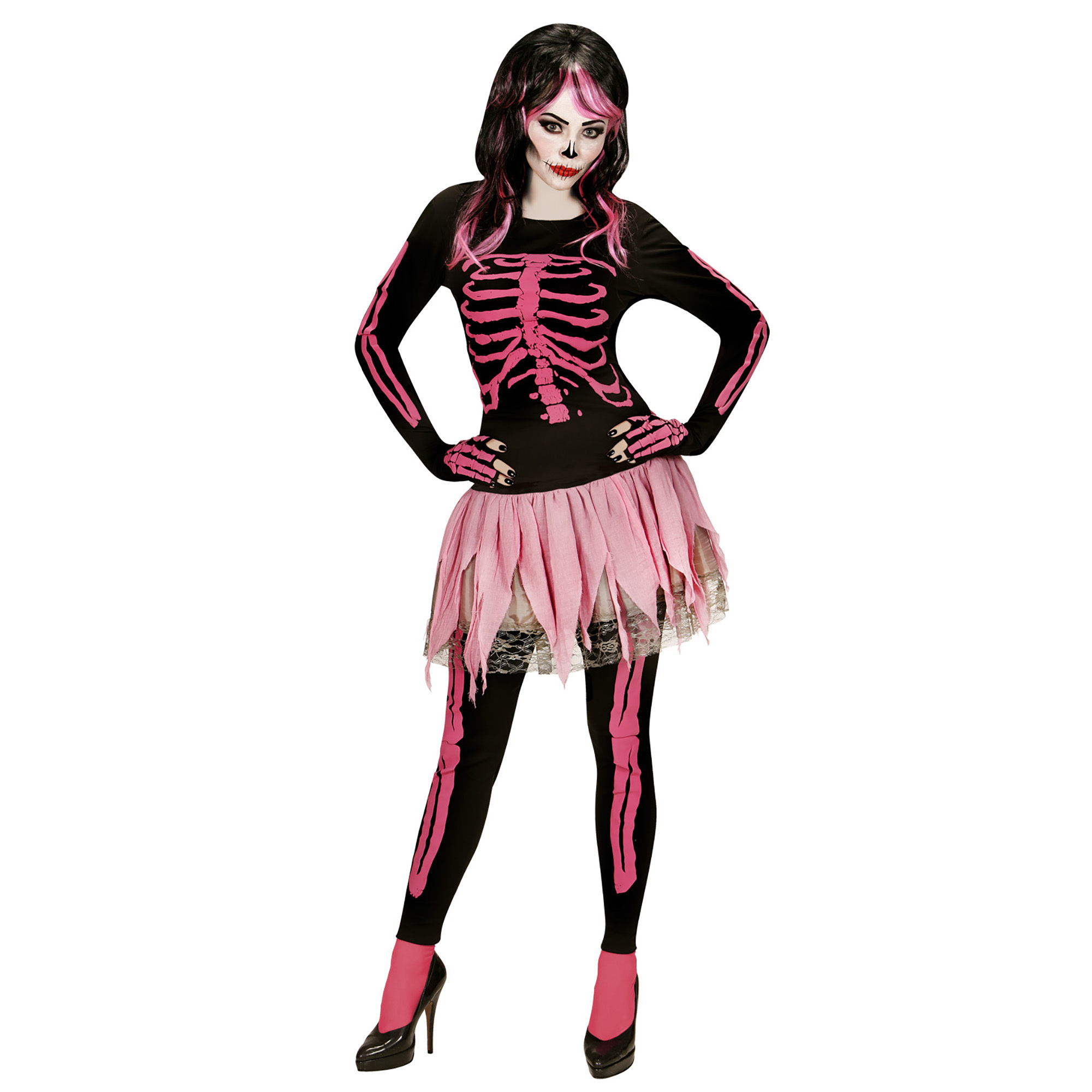 Roze skeletten geraamte outfit dame