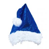 Blauwe kerstmuts met pailletten  feestelijk kerst accessoire voor volwassenen