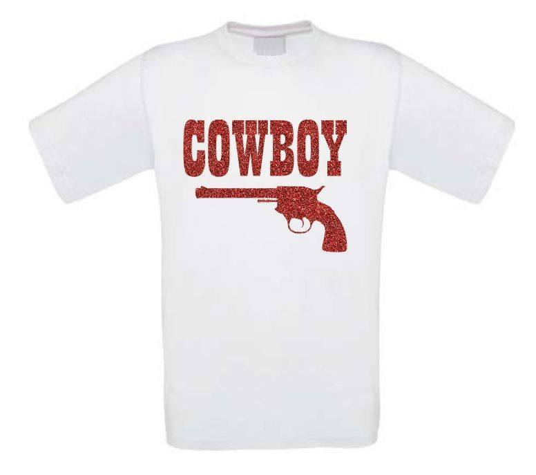 cowboy t-shirt korte mouw glitter rood zilver met pistool unisex