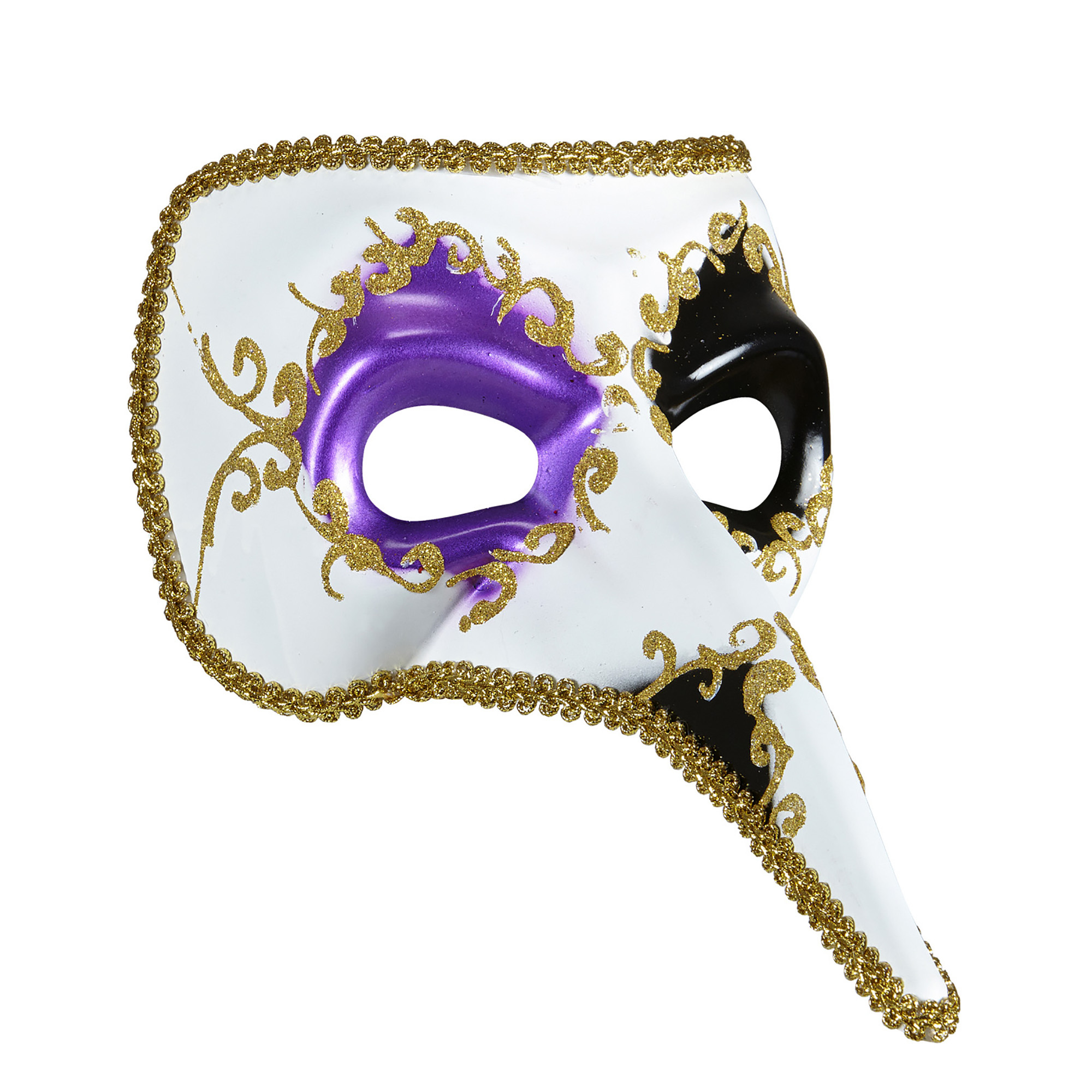 venetiaans masker met lange neus wit paars zwart