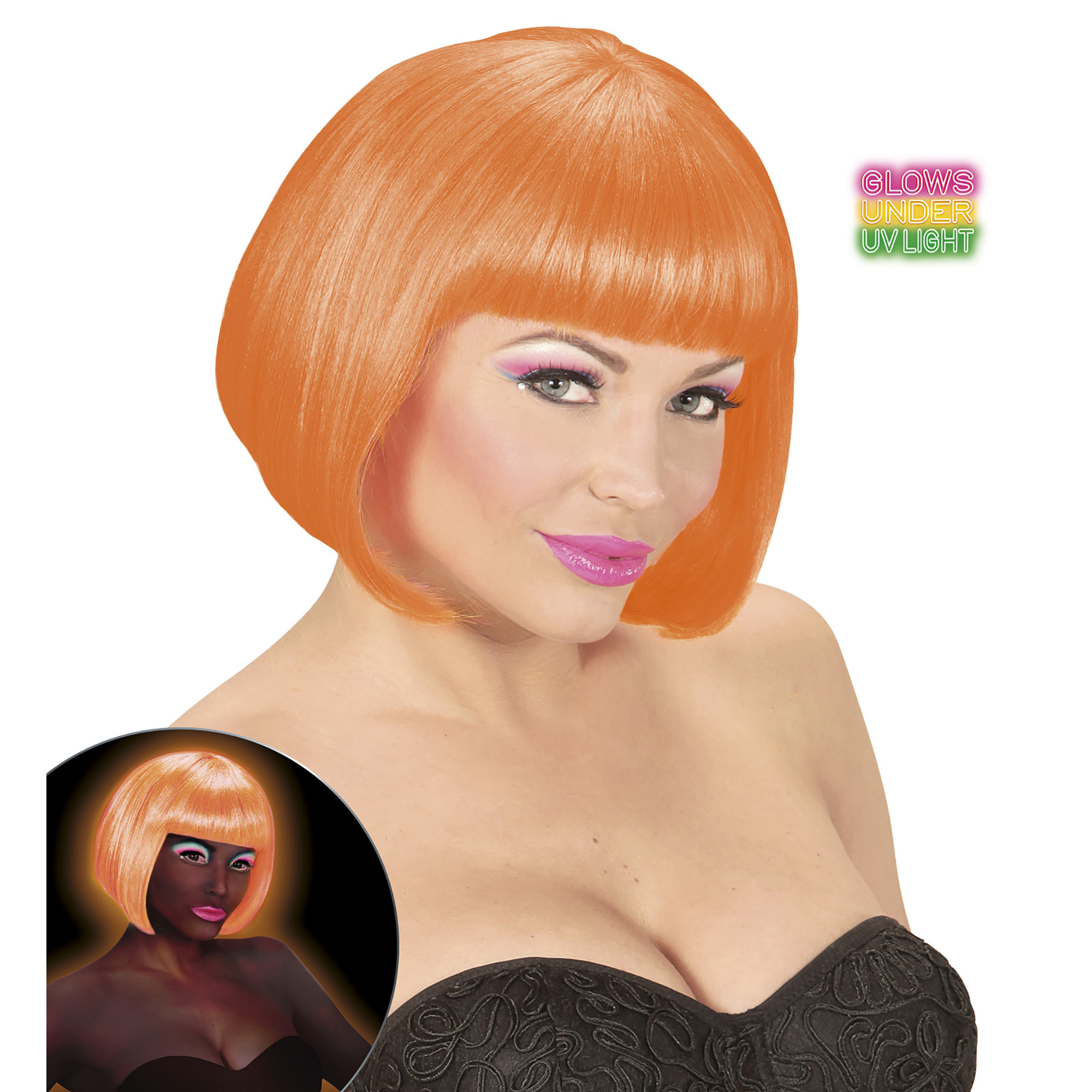 Neon pruik Valentina oranje volwassen bobline