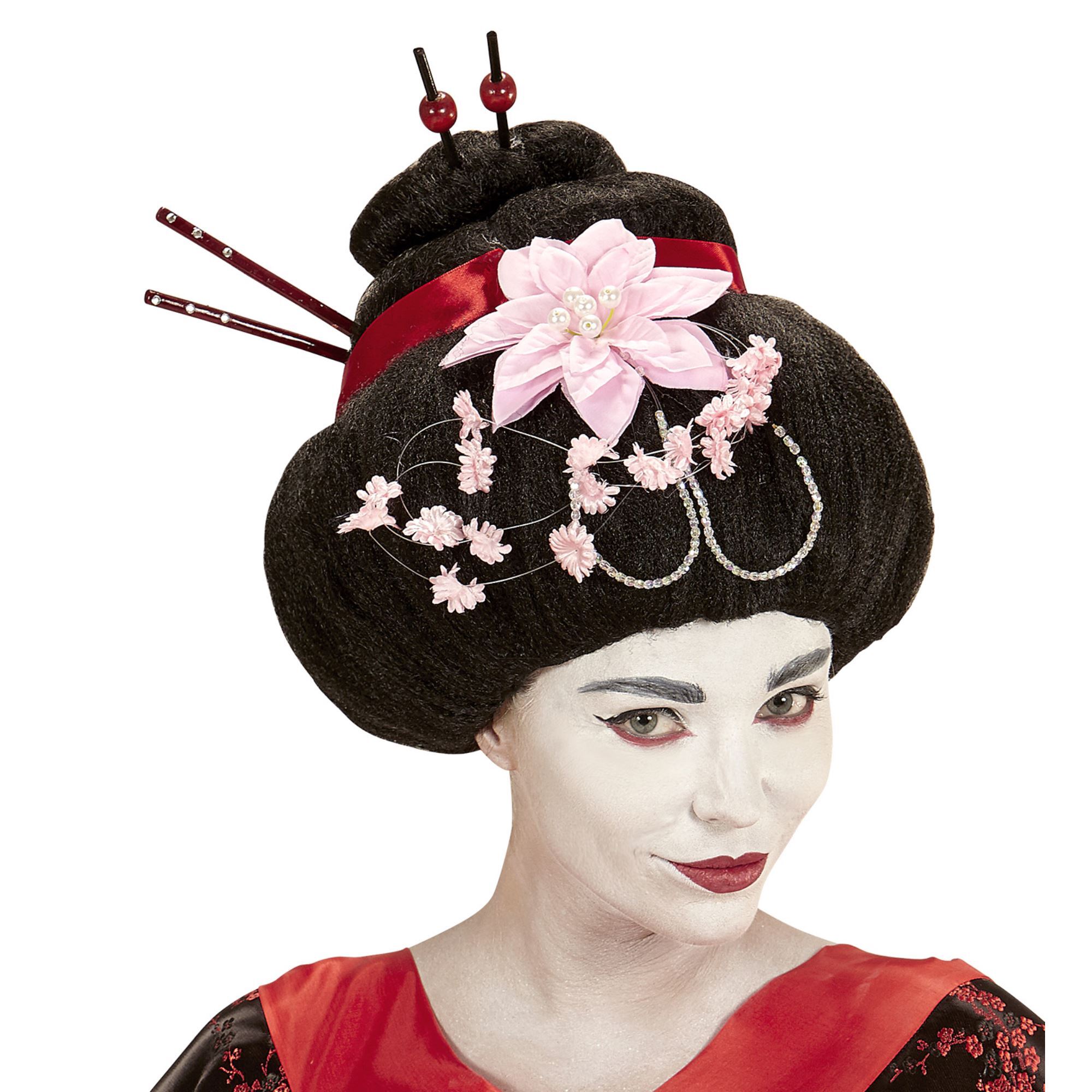 Oosterse geisha pruik met bloemen en stokjes