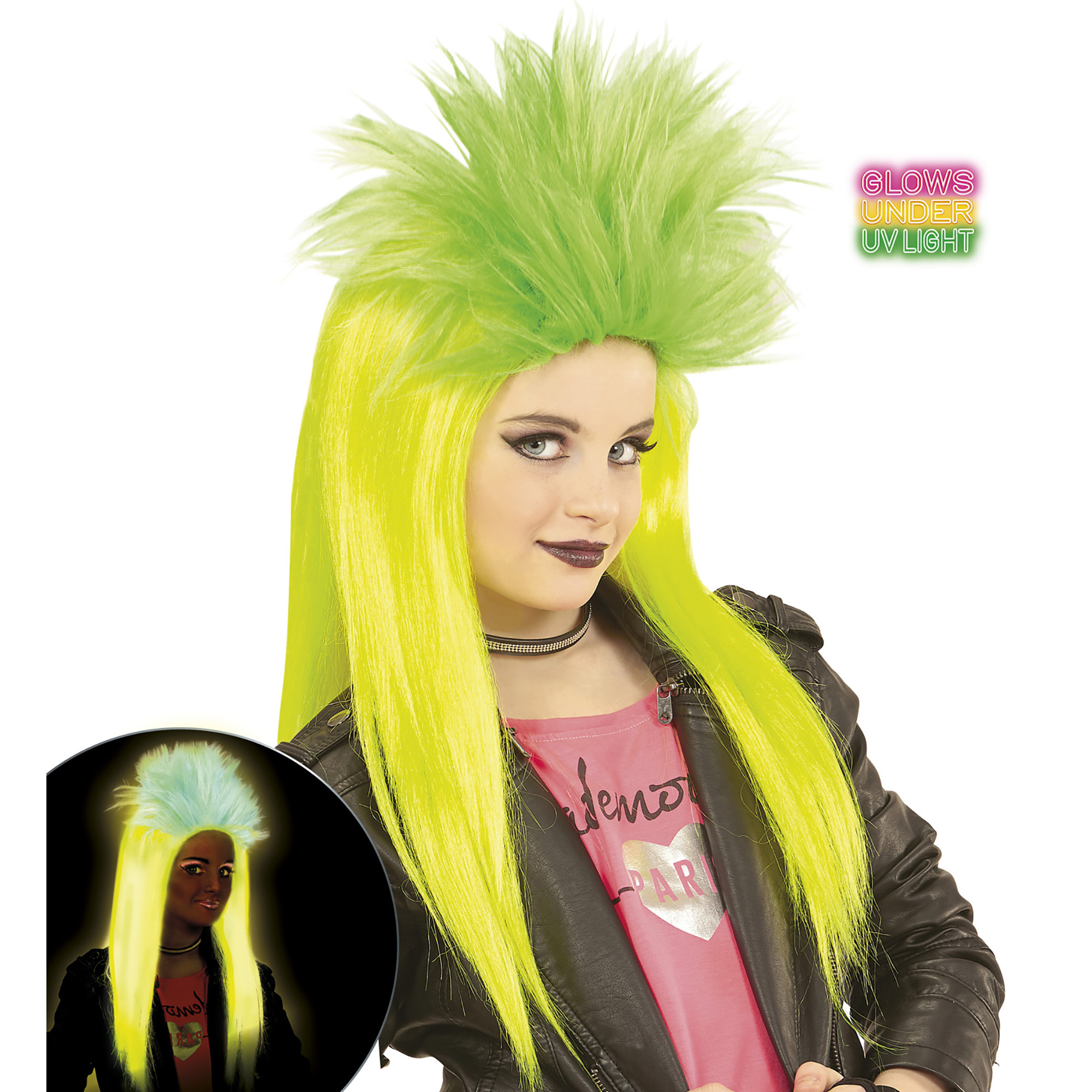 Punk pruik glow in the dark kind geel groen