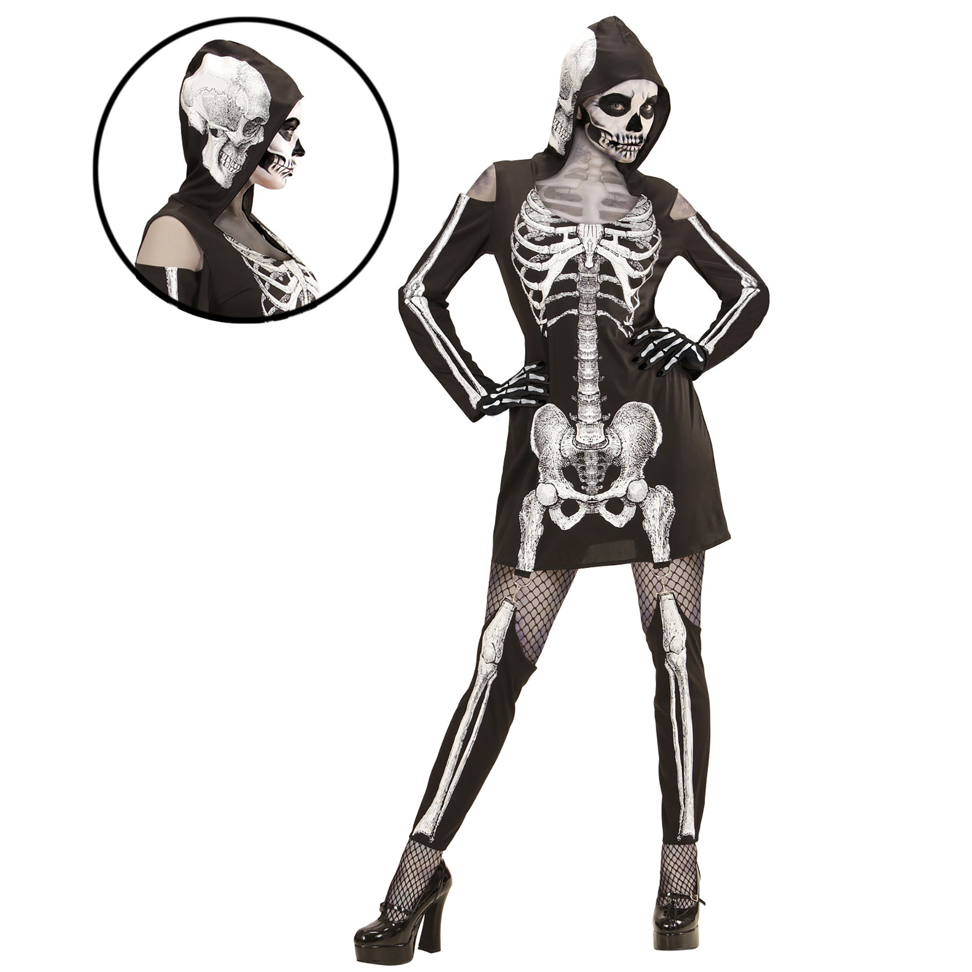 Skelet jurk hoodie met geraamte en botten zwart 