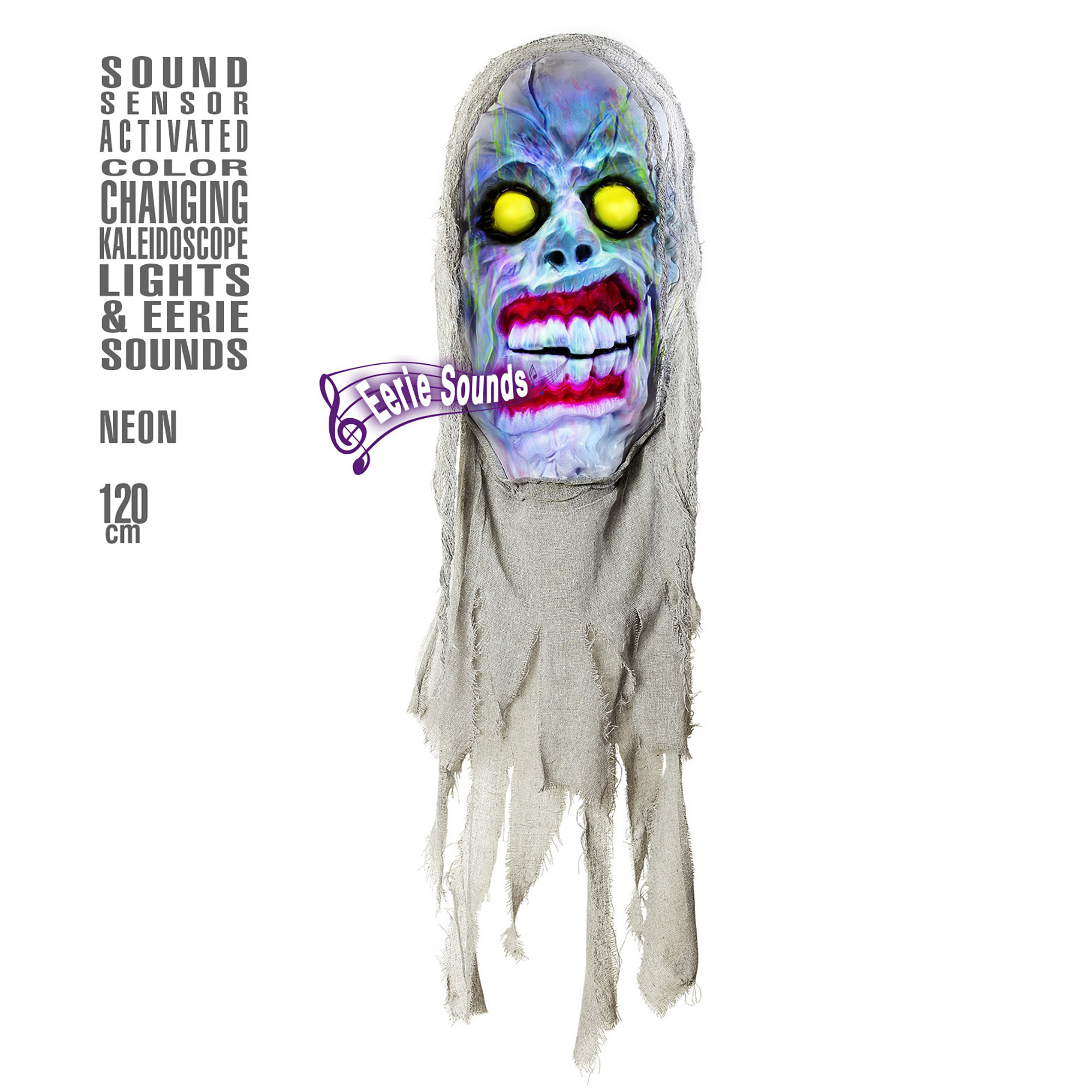 Spooky demoon hoofd decoratie met kap en licht effecten