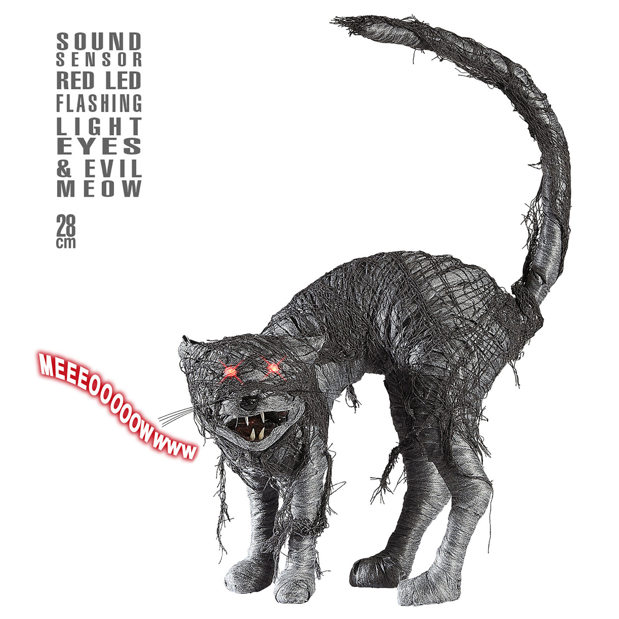Zwarte zombie kat met licht en geluid 28 cm animatie decoratie