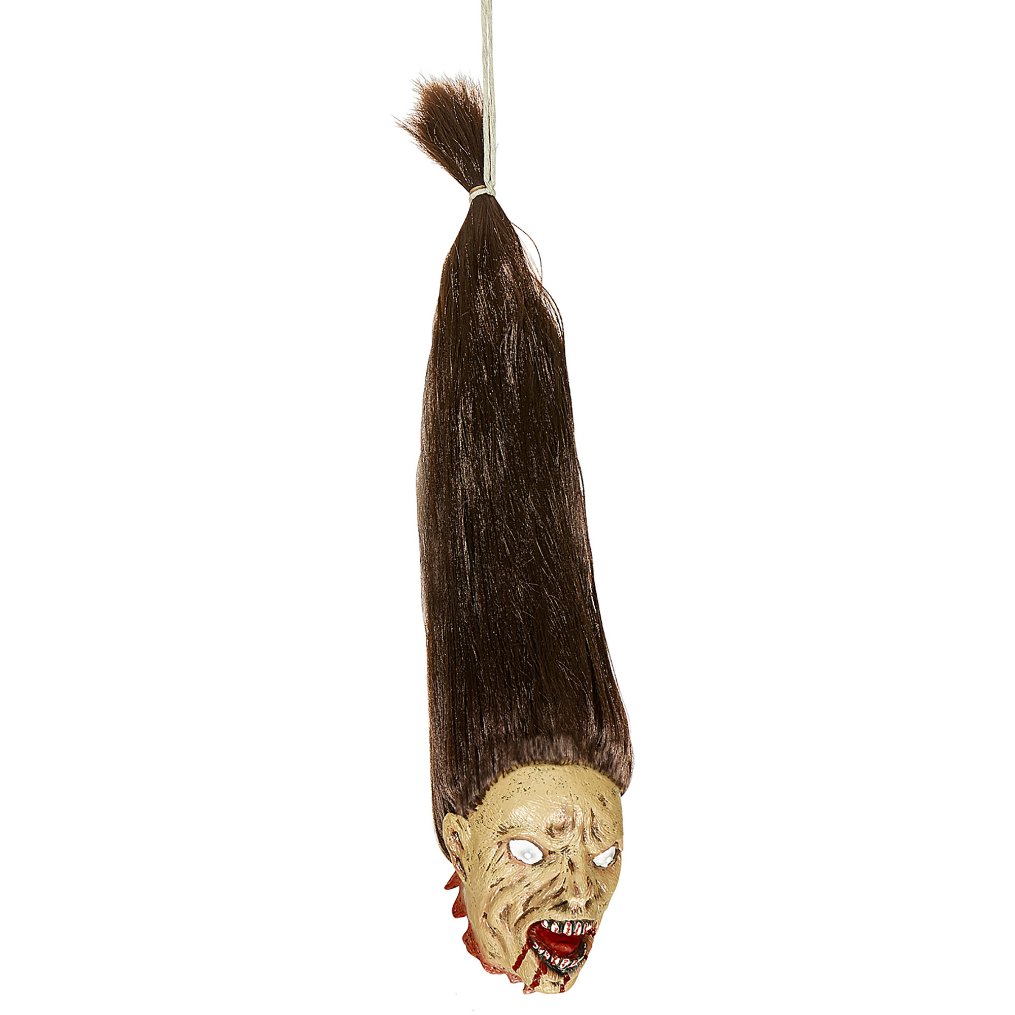 Decoratie afgehakt zombie hoofd met bruine haren.