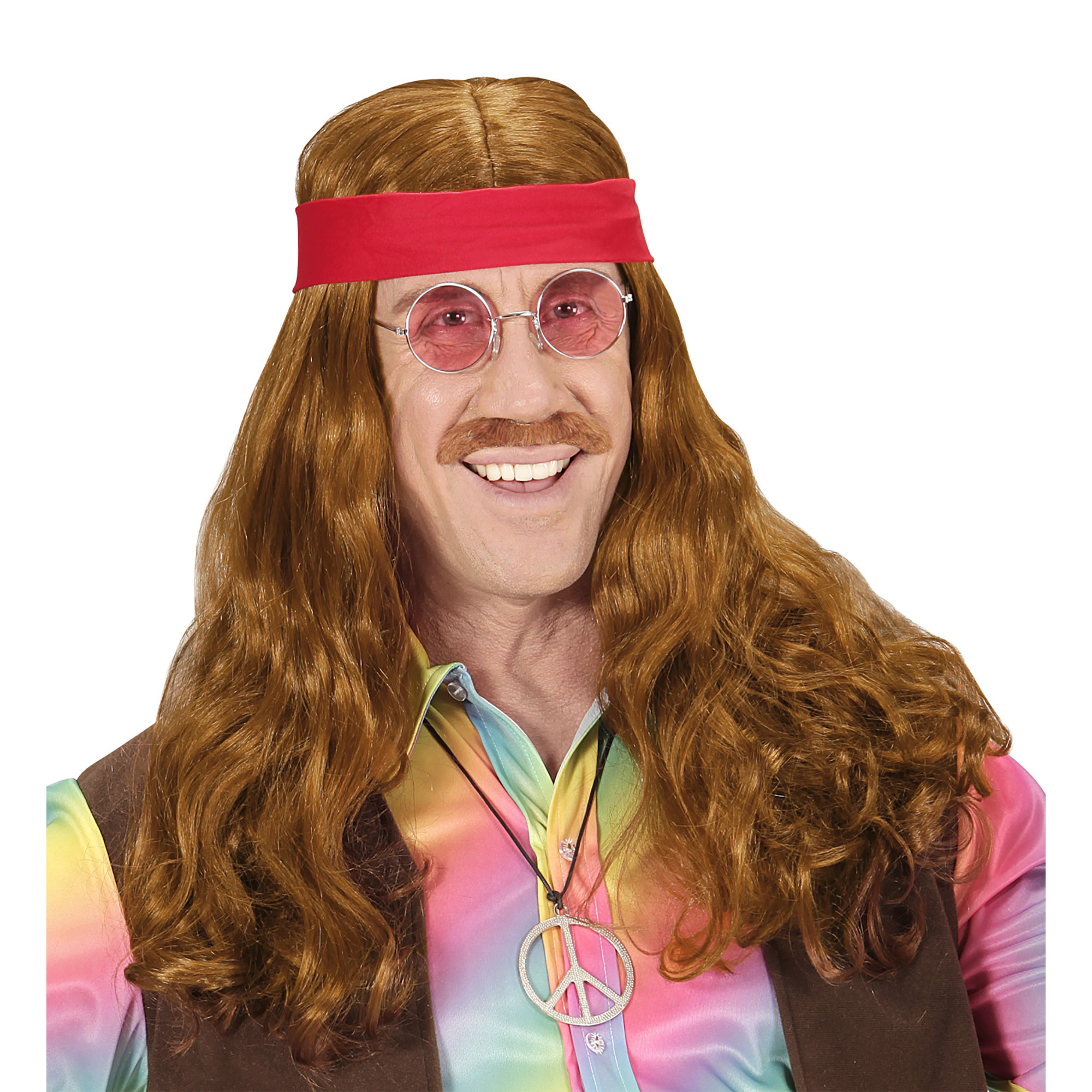 Hippie pruik john met hoofdband en snor 