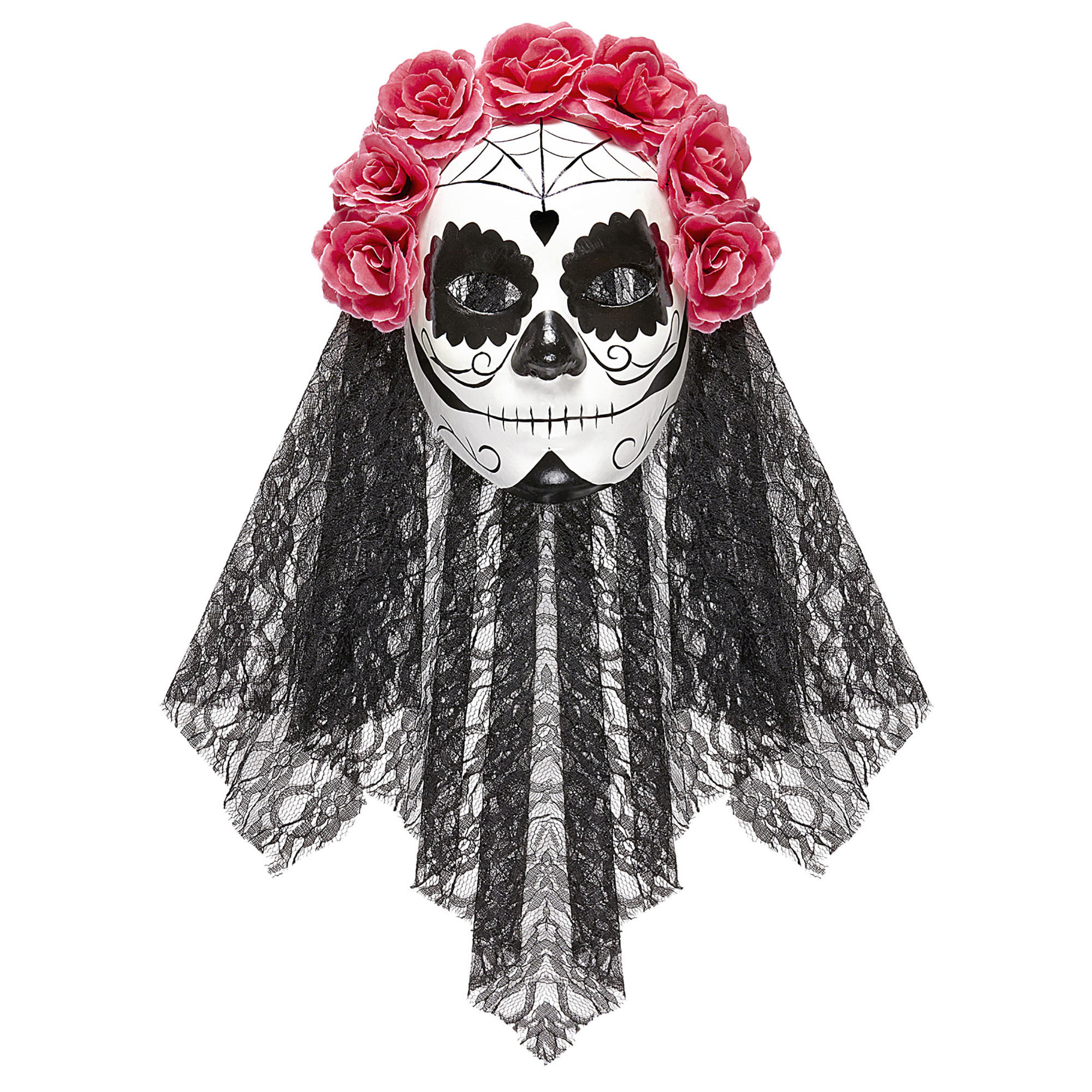 Bruid masker Dia de los muertos met zwarte sluier en rode rozen volwassen