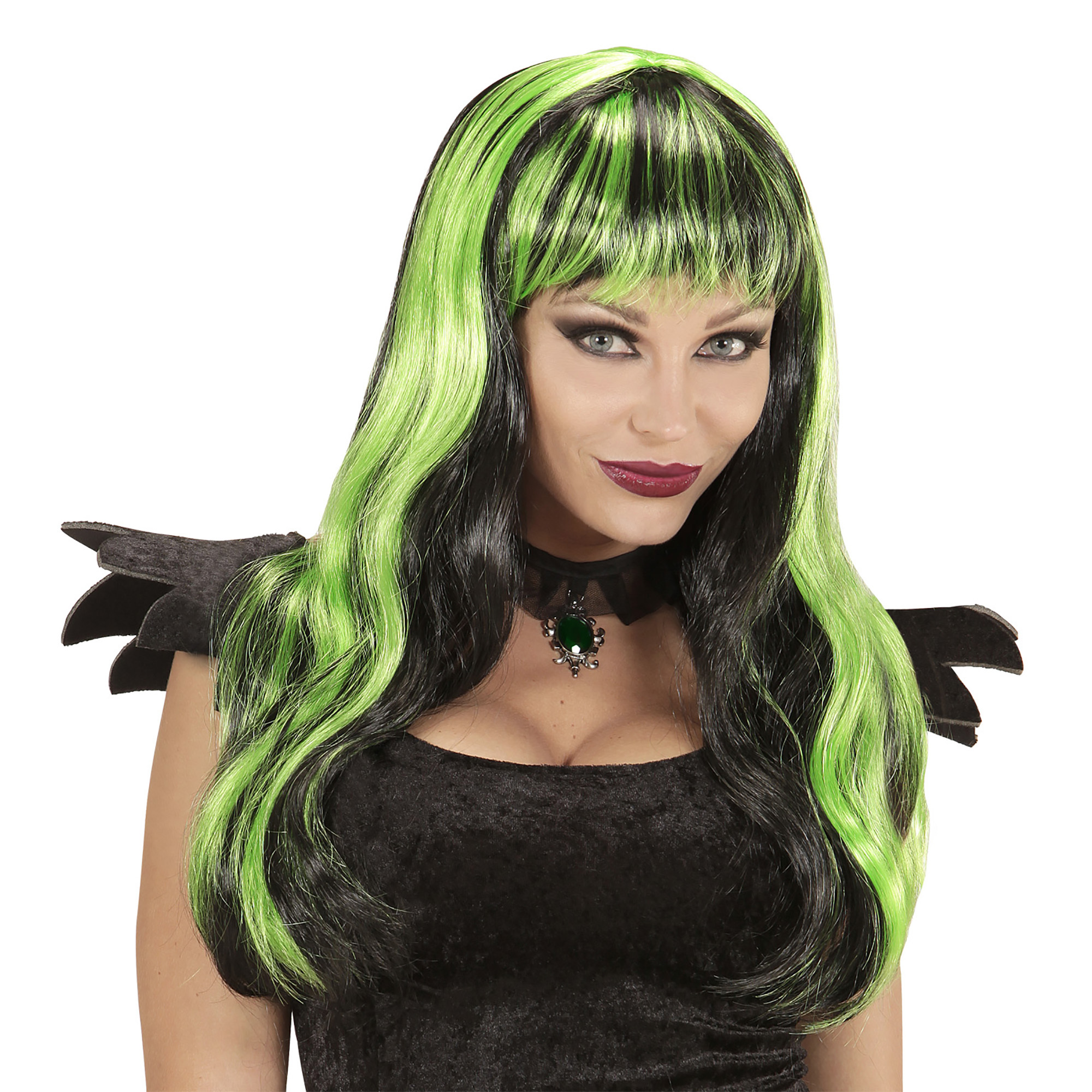 Halloween pruik zwart groen lange haren  green witch