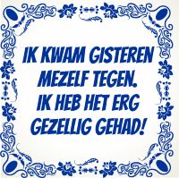 Ik kwam gisteren mezelf tegen ik heb het erg gezellig gehad tegeltje Ik kwam gisteren mezelf tegen ik heb het erg gezellig gehad tegeltje