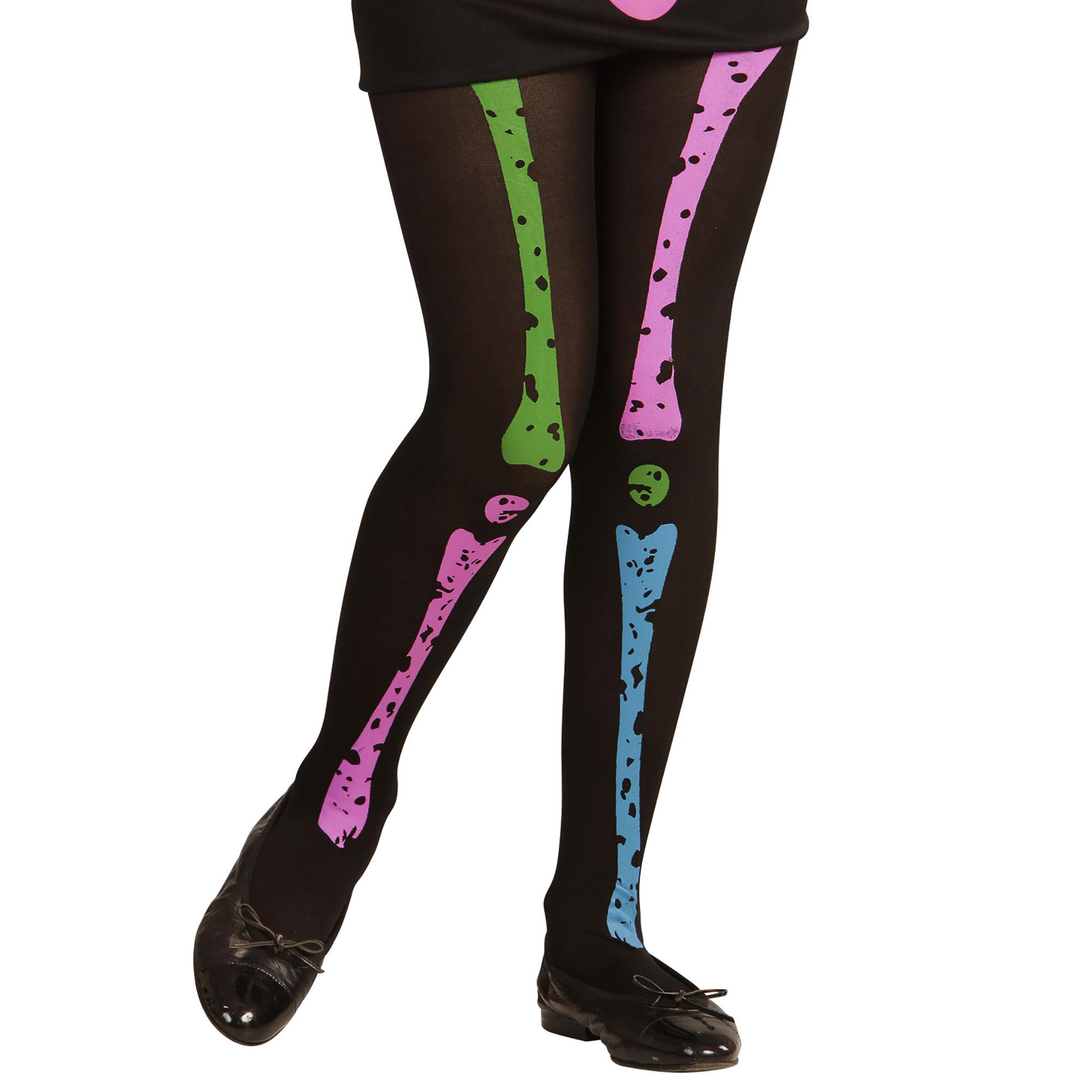 Kinder panty zwart met neon kleuren skelet en botten  kind